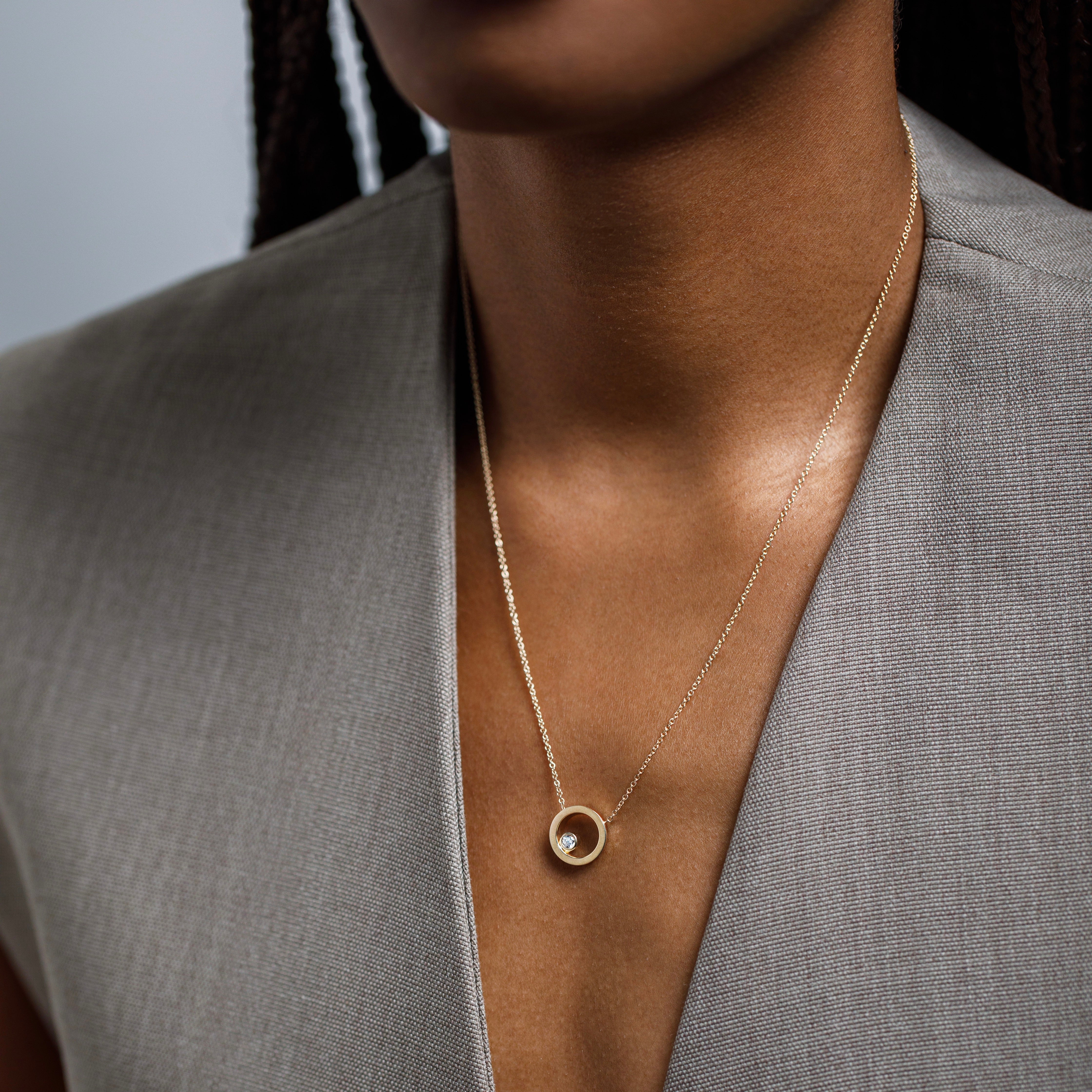 Modern necklace with dainty chain and round simple pendant with lab grown diamond in 14k 18k gold by SHW best fine jewelry store in NYC