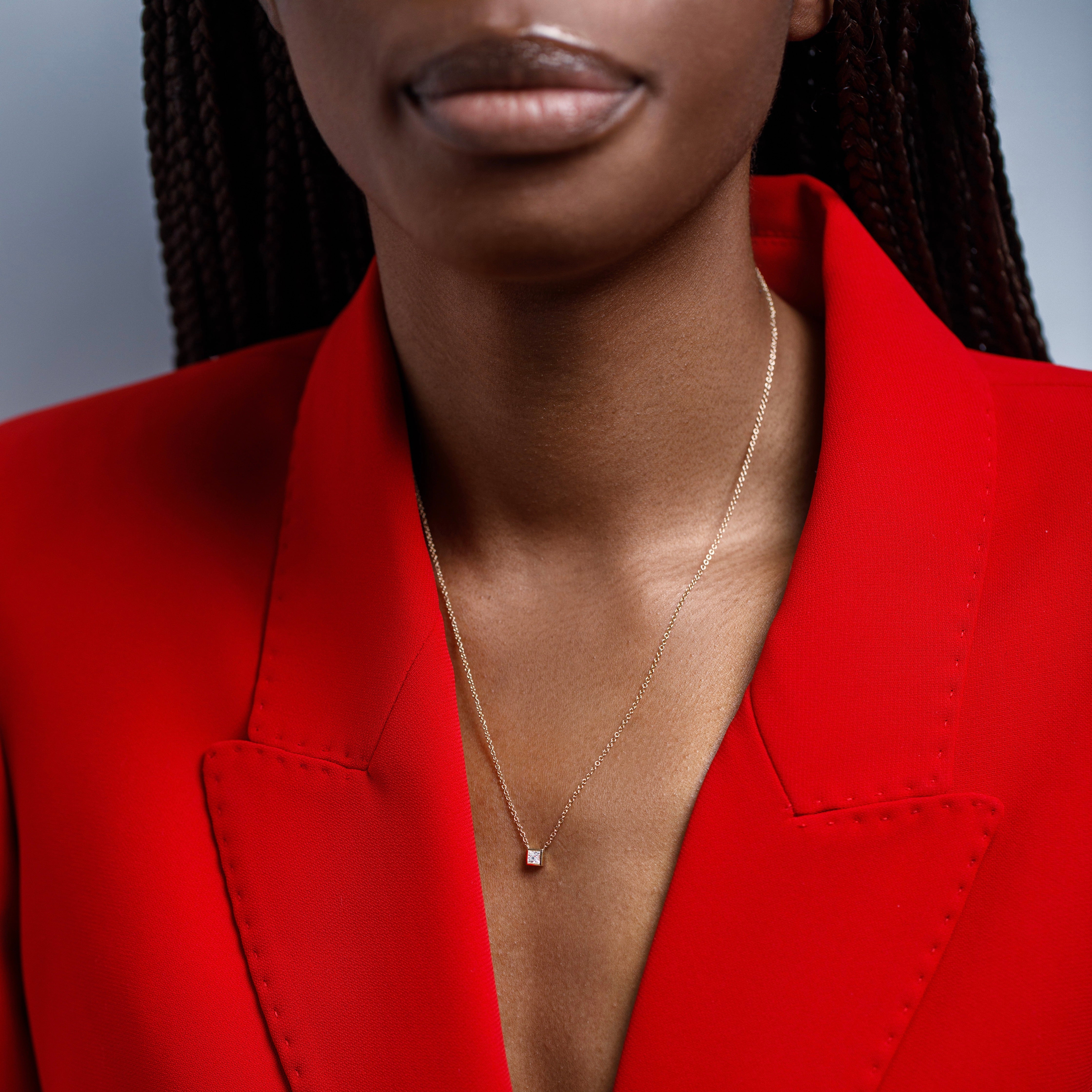 Minimal dainty chain necklace with simple square white diamond pendant in 14k or 18k yellow, white or rose gold by SHW fine jewelry store in NYC