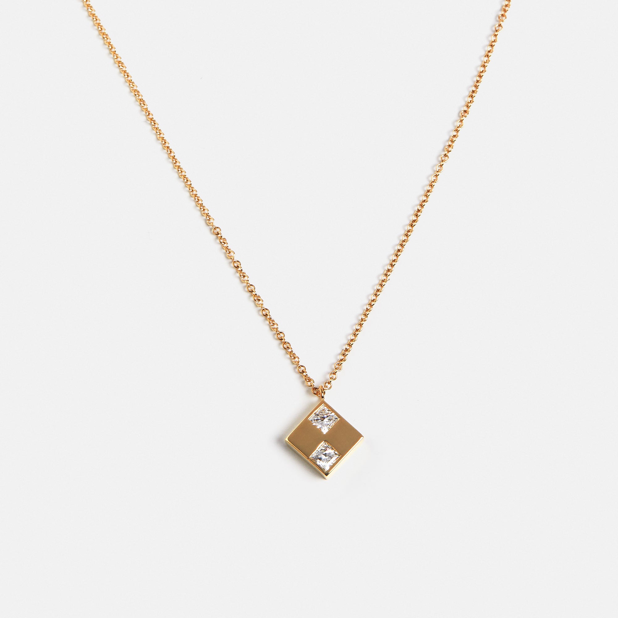 Designer dainty chain necklace with simple square white diamond pendant in 14k 18k yellow white rose gold by SHW fine jewelry store in NYC