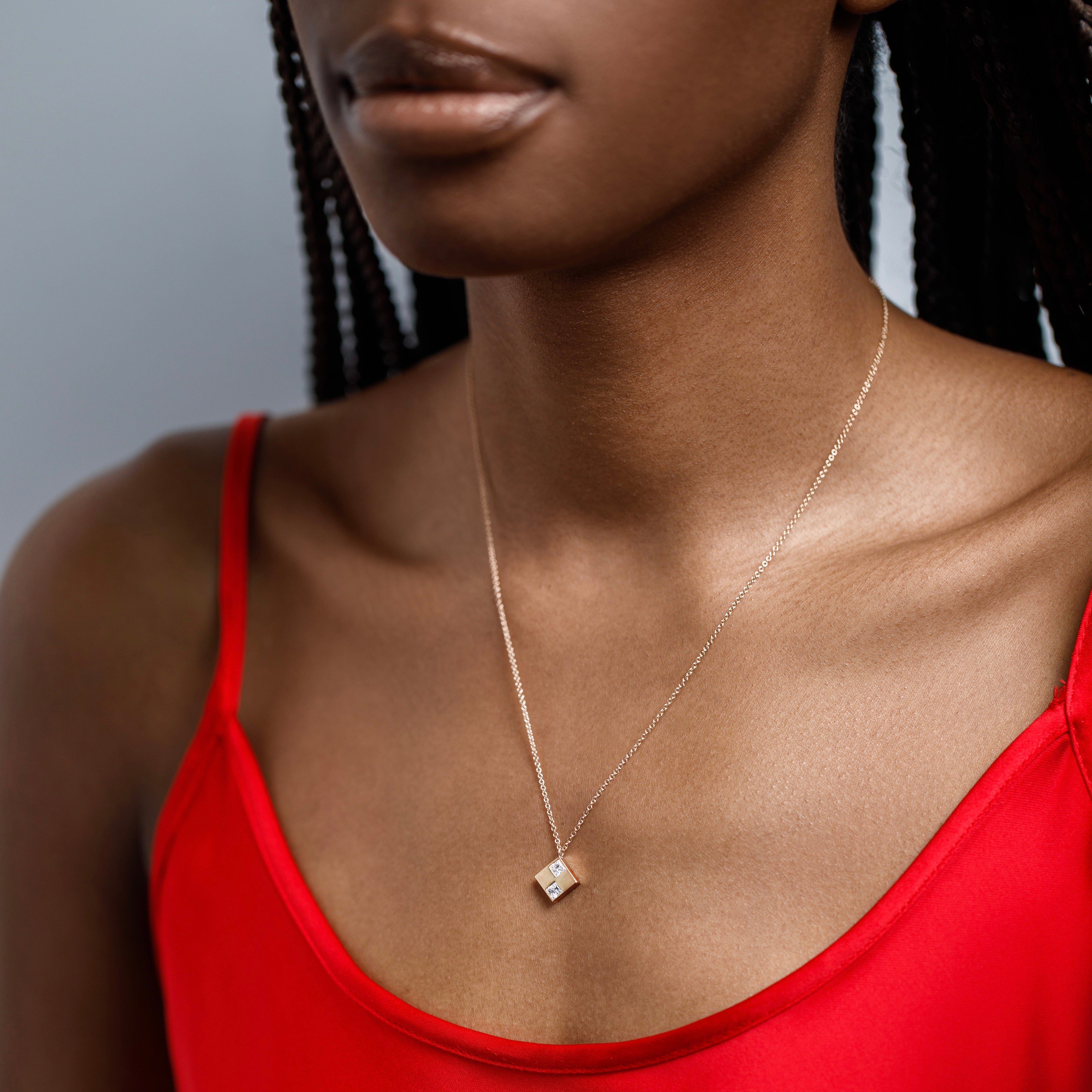 Stylish delicate 18 inch chain necklace with lab white diamond pendant in 14 karat gold by SHW best fine jewelry store in downtown NYC