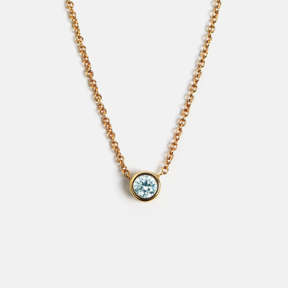 Minimal gold necklace with round aquamarine gem modern design 14k 18k gold fine jewelry by SHW NYC handmade cool gift idea
