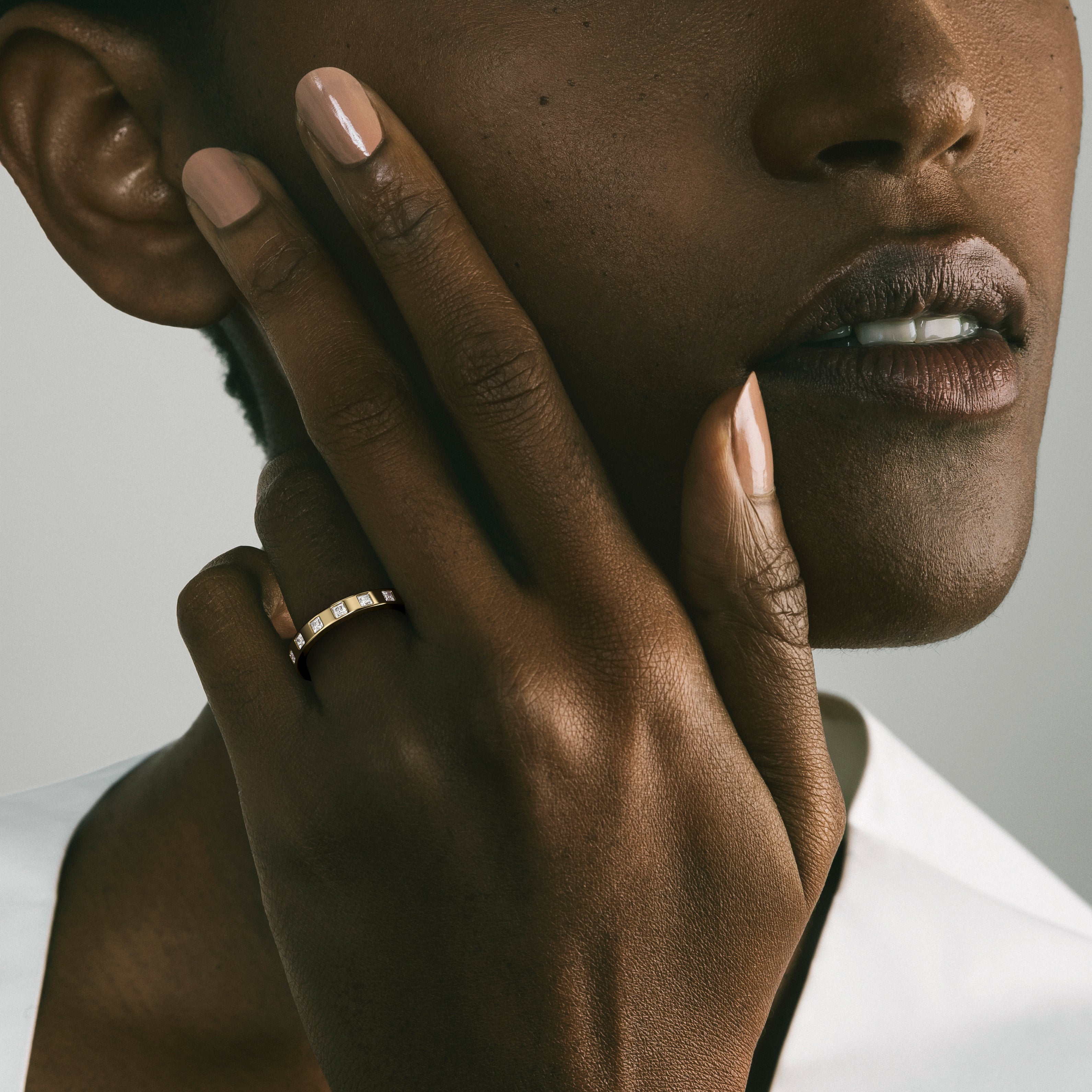 Minimalist Wedding Band with eternity of square princess-cut mined diamonds in solid 14k, 18k gold, platinum SHW cool fine jewelry store NYC