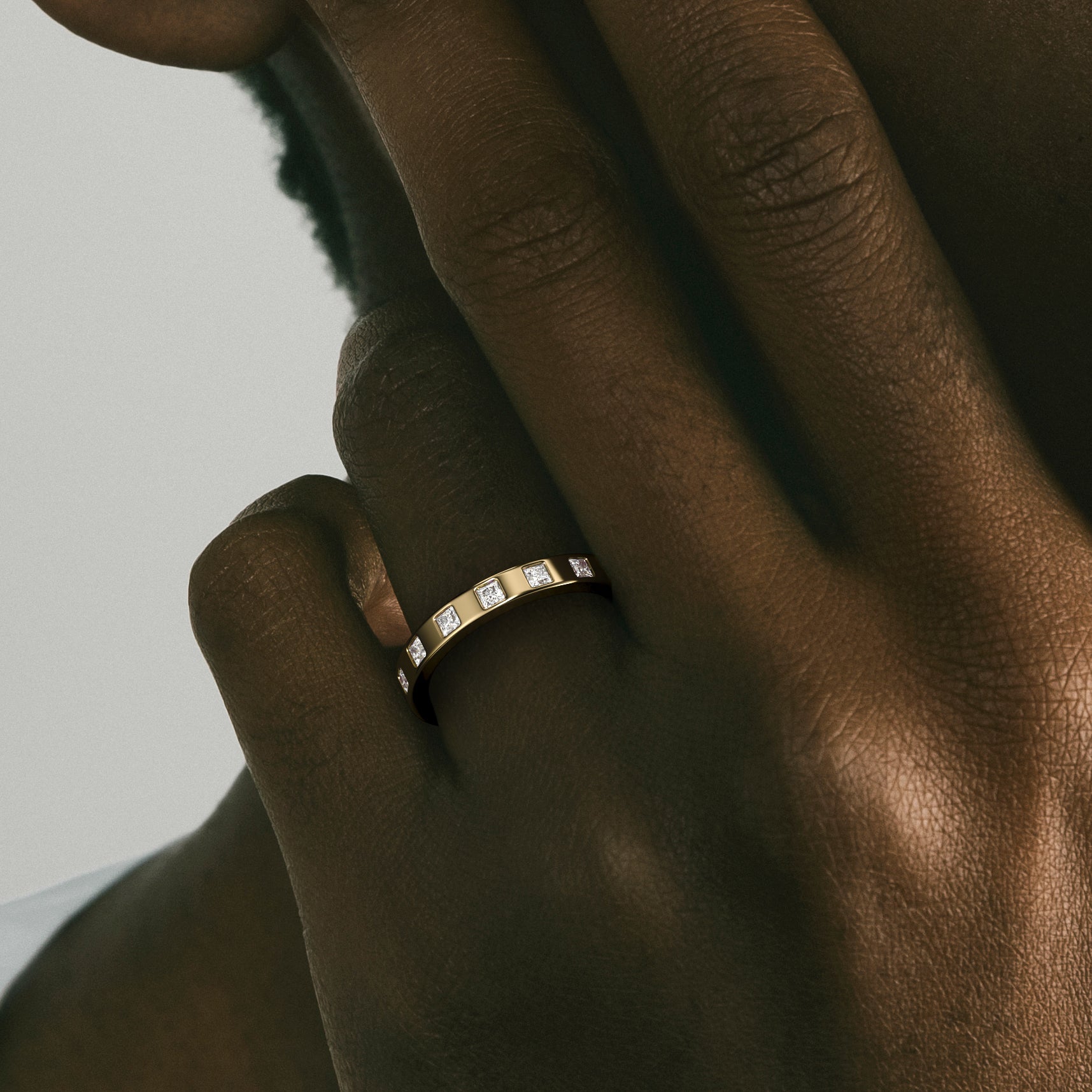 Minimal Flat Wedding Band with princess cut natural white diamonds all around in solid 14k gold by SHW fine jewelry NYC