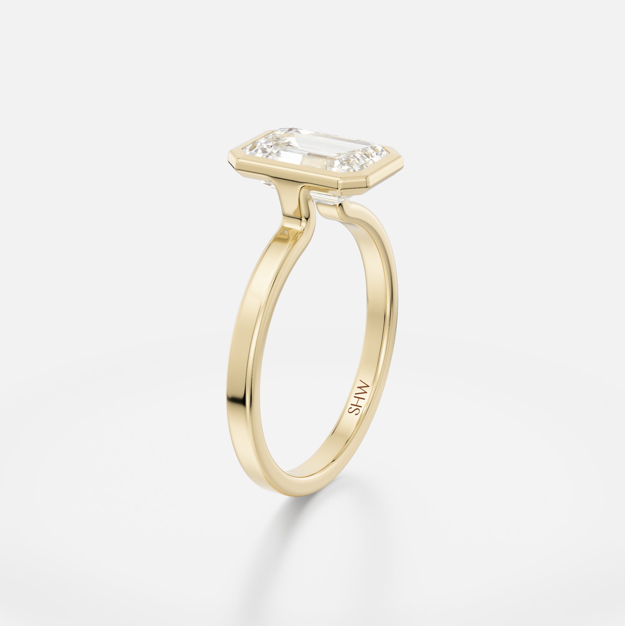 Unusual Bezel Engagement Ring with Emerald-cut Lab grown Natural Diamond 14k 18k yellow white rose gold or platinum SHW Fine Jewelry NYC