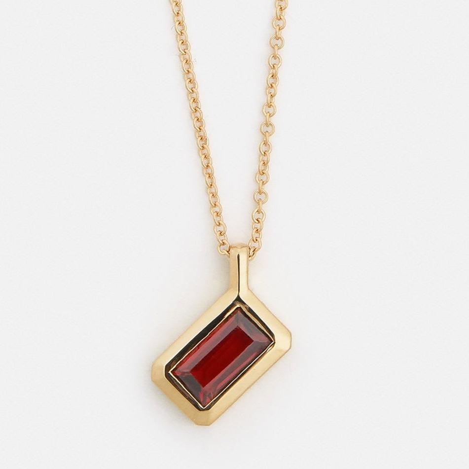 Cool necklace with delicate chain and deep red garnet pendant in solid 14 karat gold by SHW best fine jewelry stores in NYC Soho LES nearby