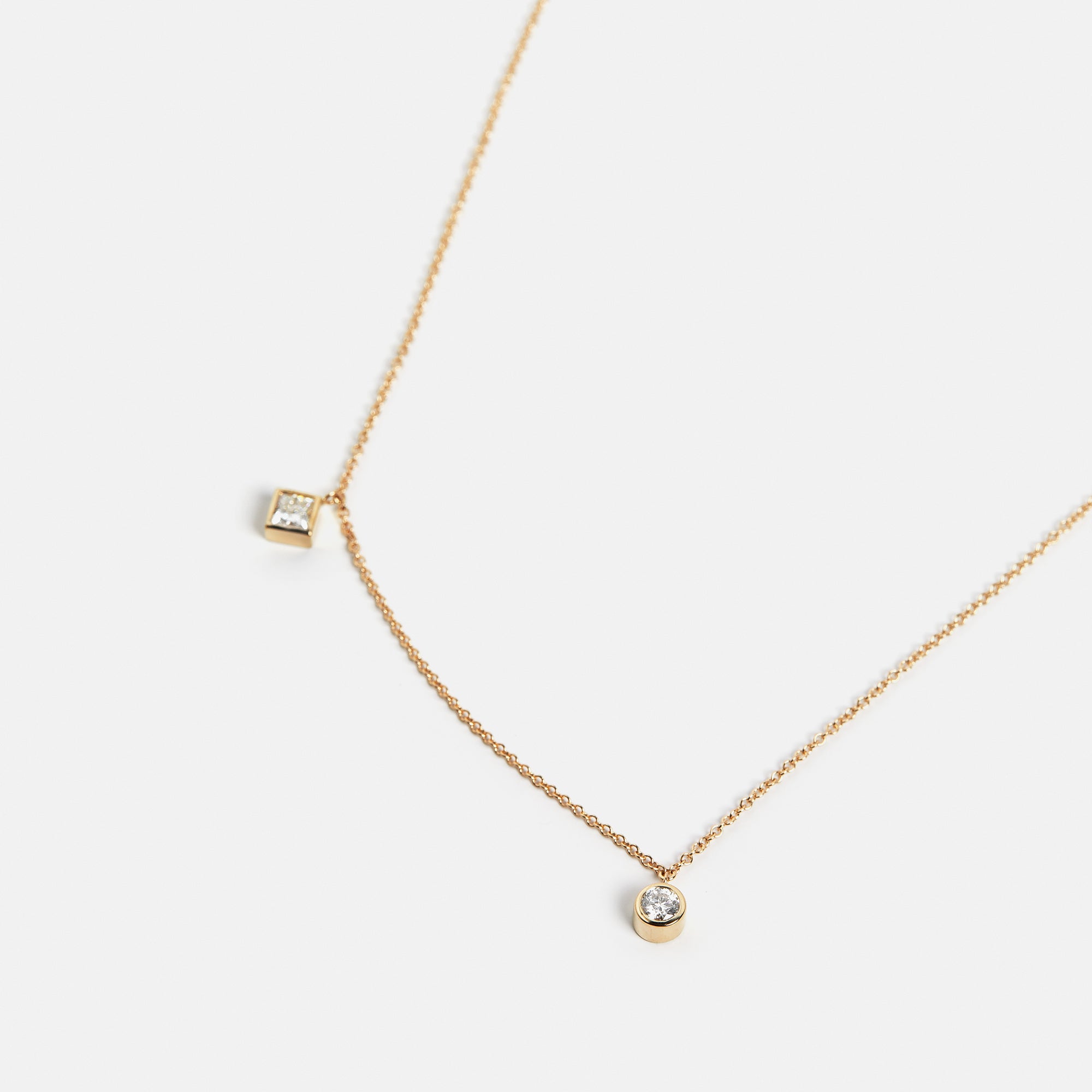 Unique dainty chain necklace with square and round lab grown white diamonds pendant in solid 14k gold by SHW cool fine jewelry stores in NYC