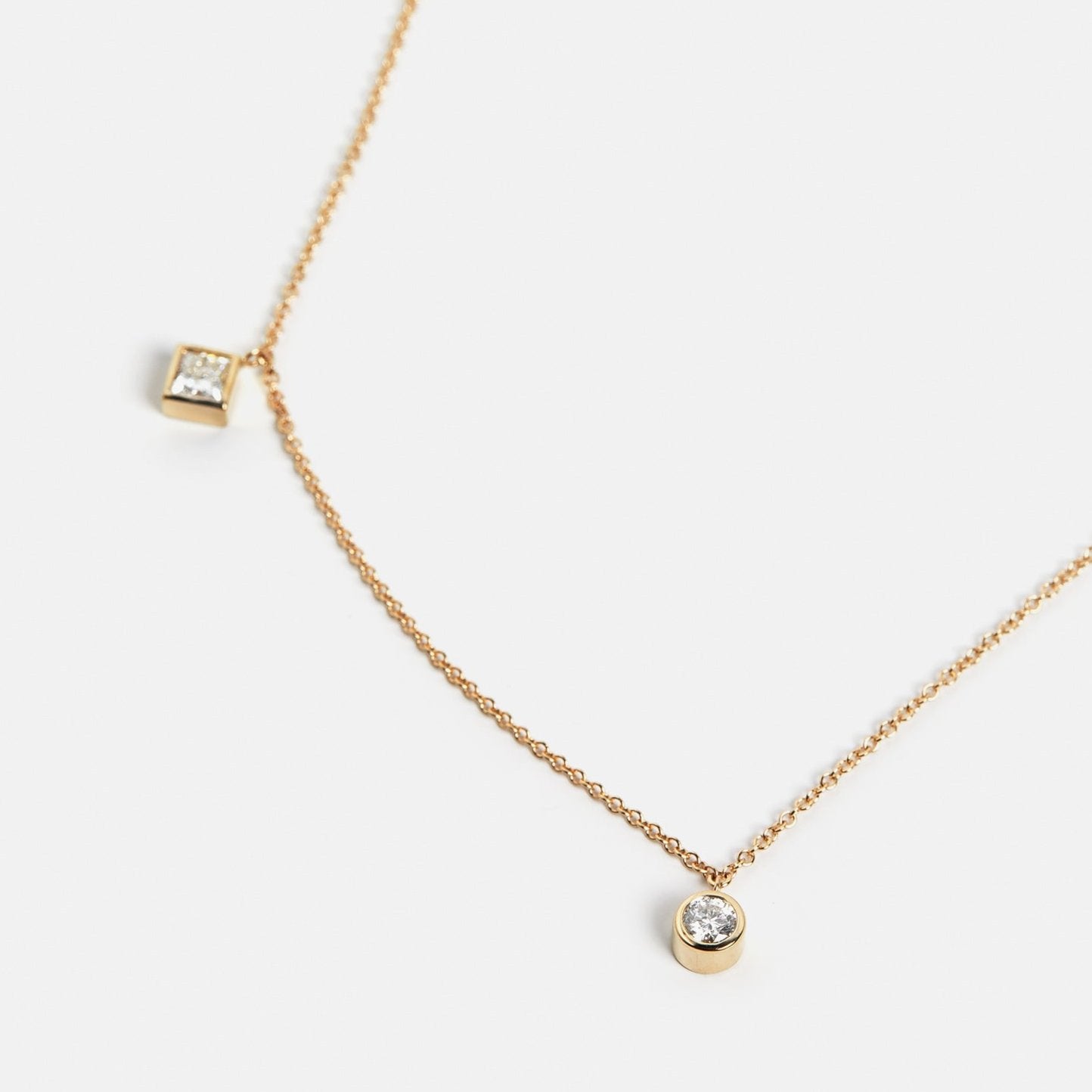 Cool thin chain necklace with square and round lab grown white diamonds pendant in solid 14k gold by SHW cool fine jewelry stores in NYC