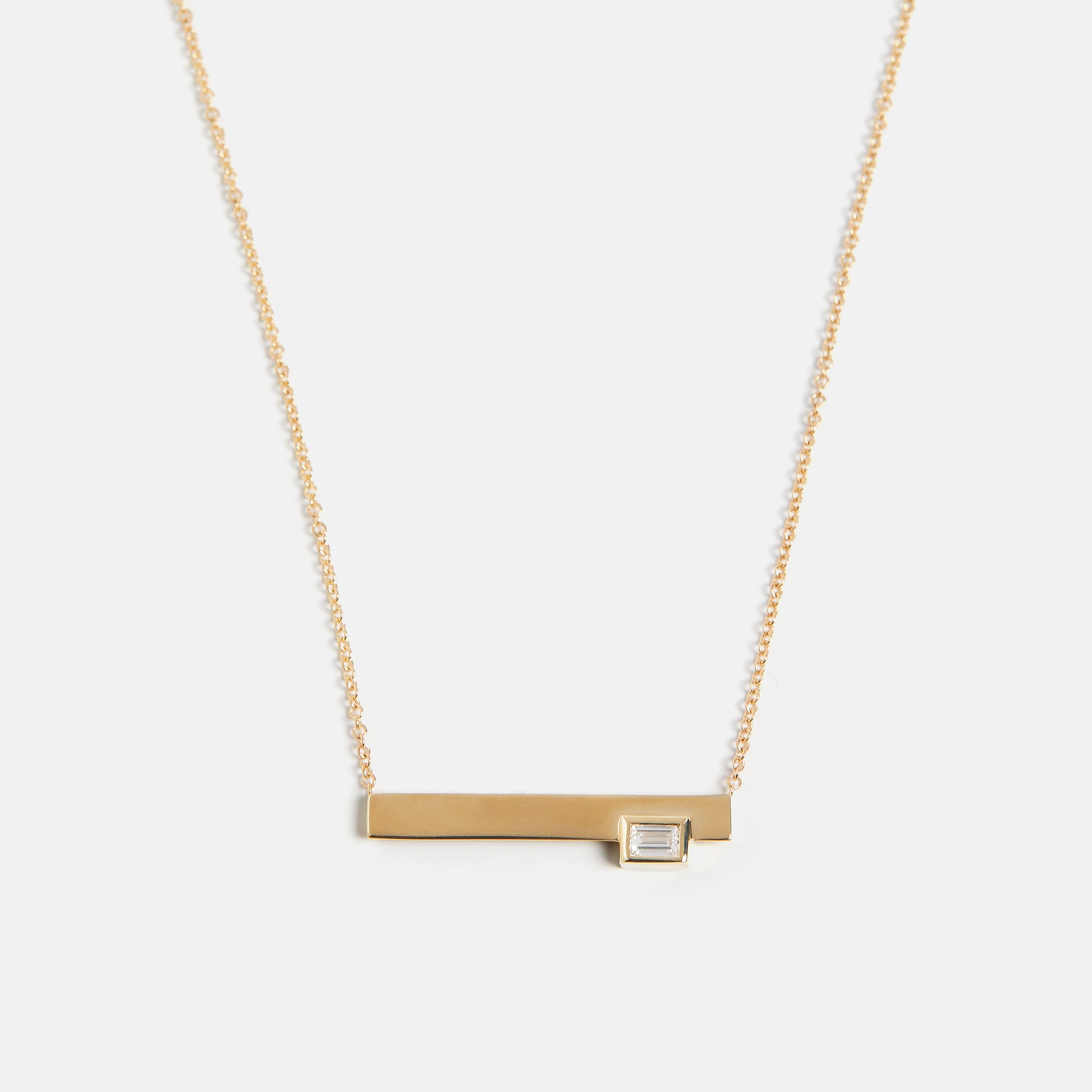 Unique necklace with dainty chain and bar pendant with baguette cut lab grown white diamond in solid 14k gold SHW cool fine jewelry NYC