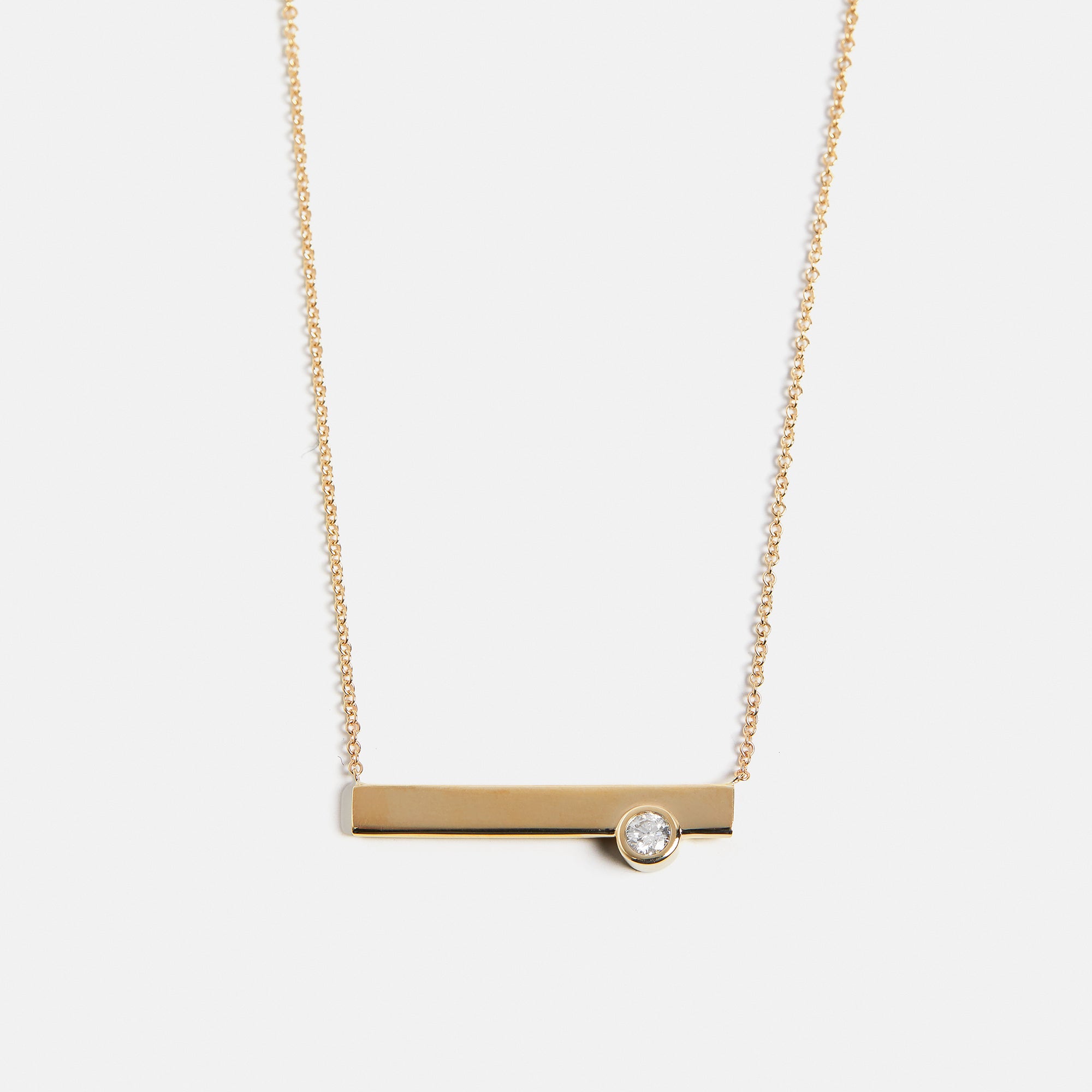 Unique necklace with dainty chain and bar pendant with round lab grown white diamond in solid 14k gold by SHW cool fine jewelry NYC