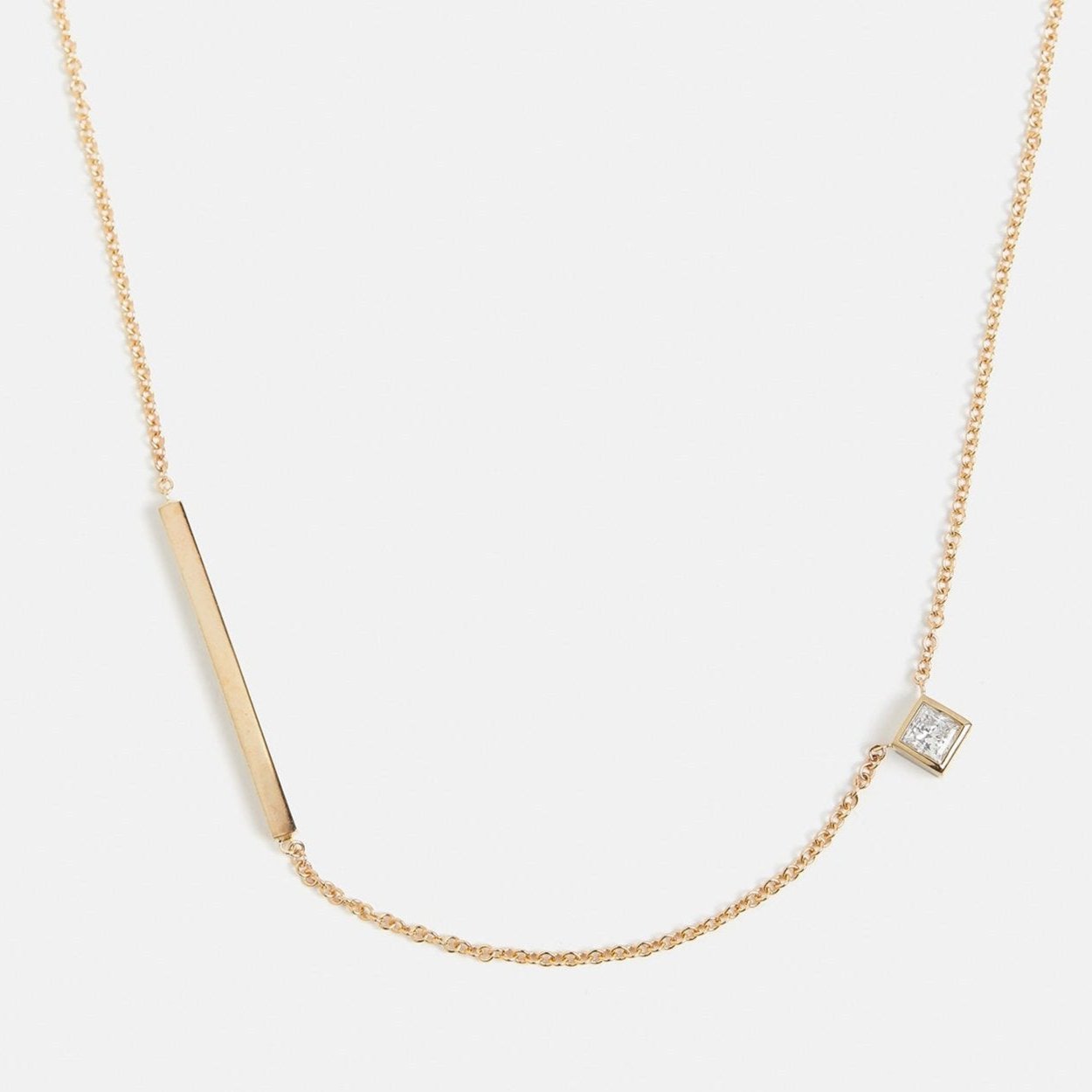 Simple delicate 18 inch chain necklace with minimalist bar and lab white diamond pendants in 14 karat gold by SHW best fine jewelry store