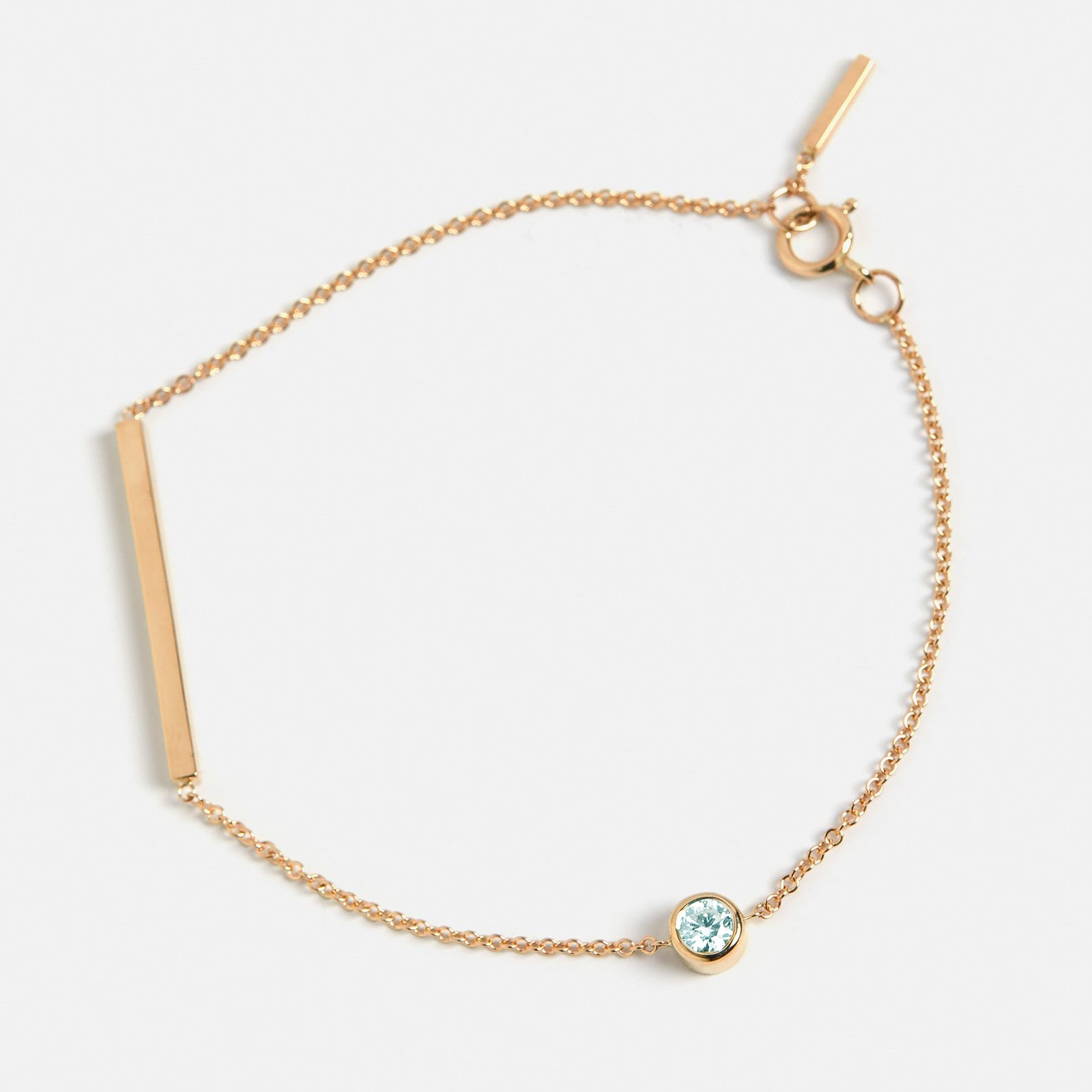 Tali bracelet with oval aquamarine gemstone and horizontal bar detail minimalist design in 14k 18k gold SHW fine jewelry NYC