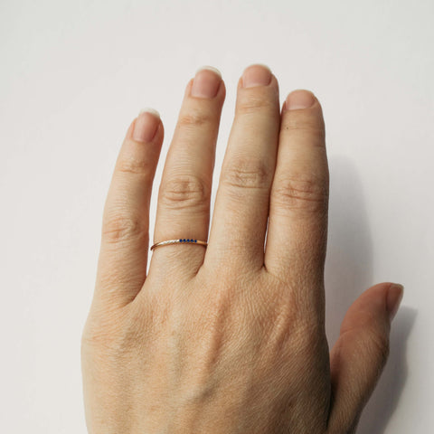 Sapphire and white diamond pavé ring dainty thin round gold band handmade SHW fine jewelry NYC New York stackable