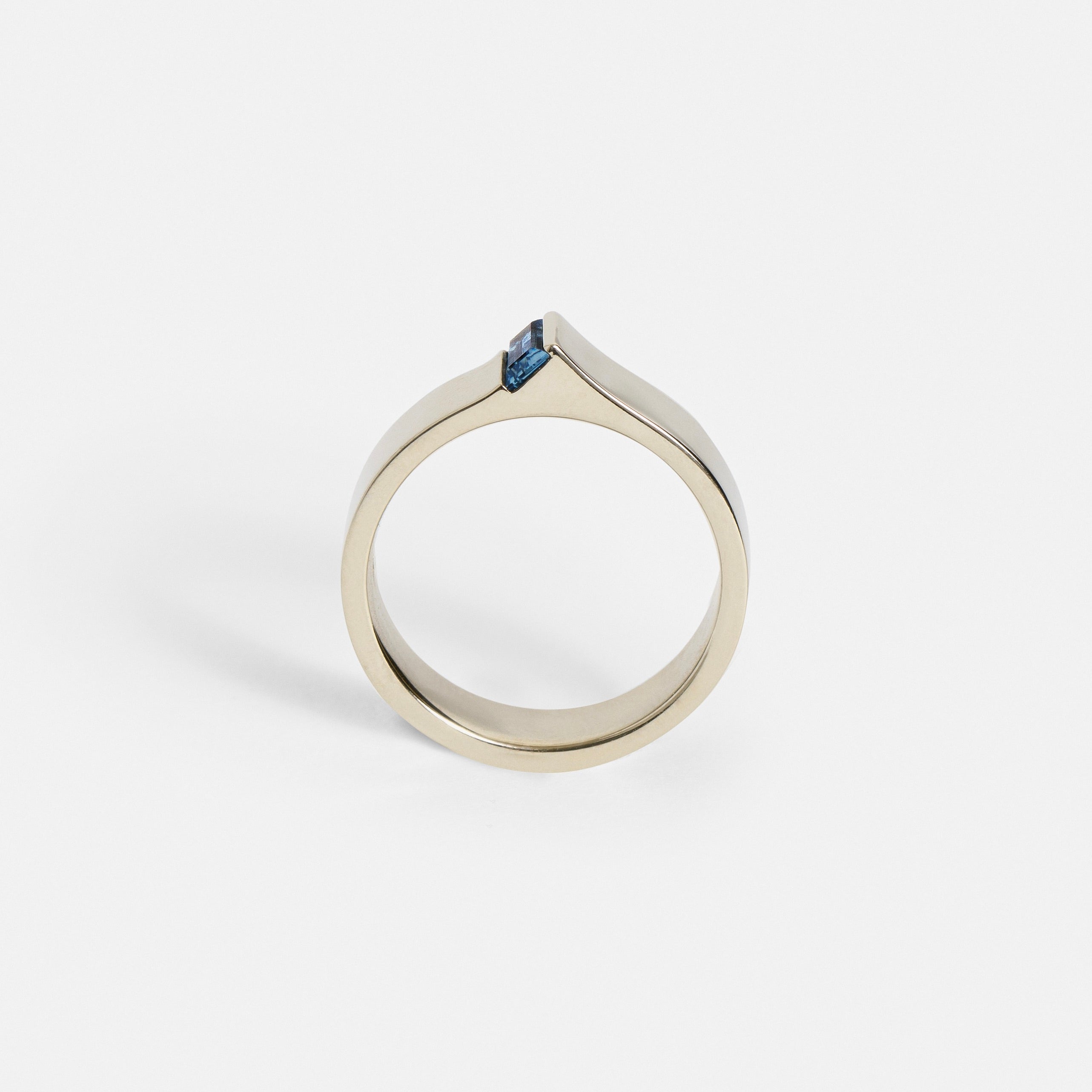 Unusual Shaped Wedding Ring with Baguette-cut Royal Blue Montana Sapphire in solid 14k white gold by SHW famous fine jewelry shop NYC