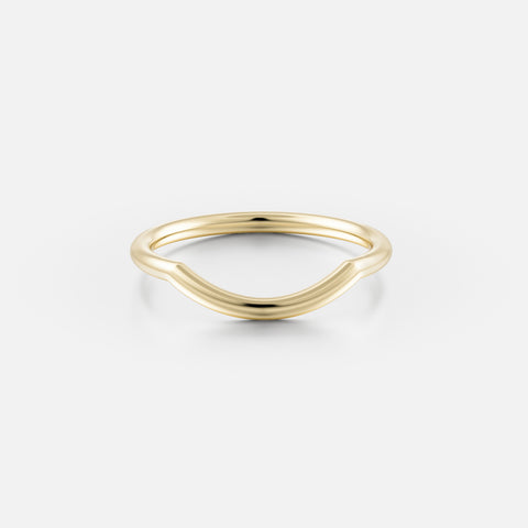 14k yellow gold curved wedding band with a slim rounded profile