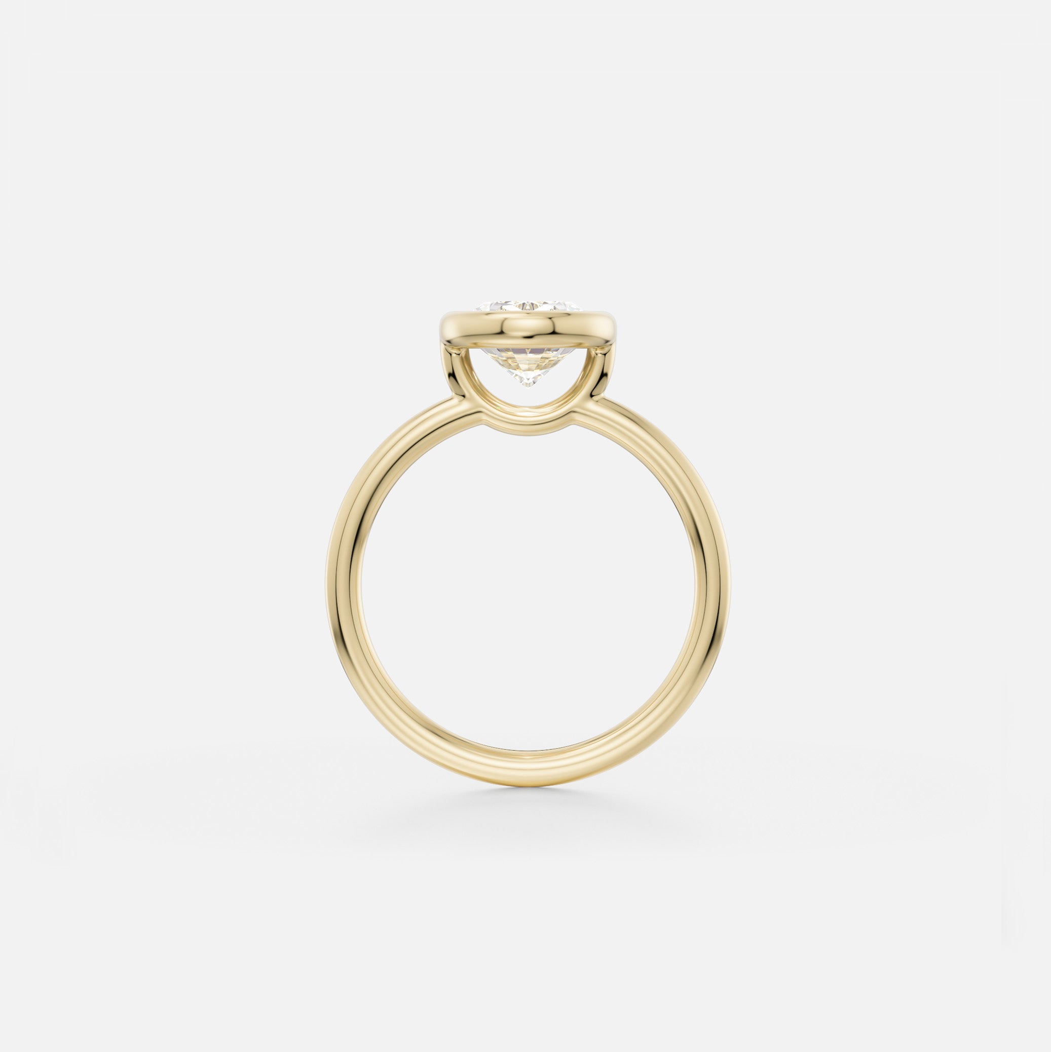 14 karat yellow gold thin round band engagement ring with bezel set 2.0 carat oval diamond