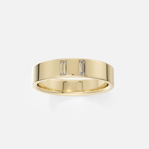14k yellow gold 5mm wedding band with two vertically set baguette diamonds