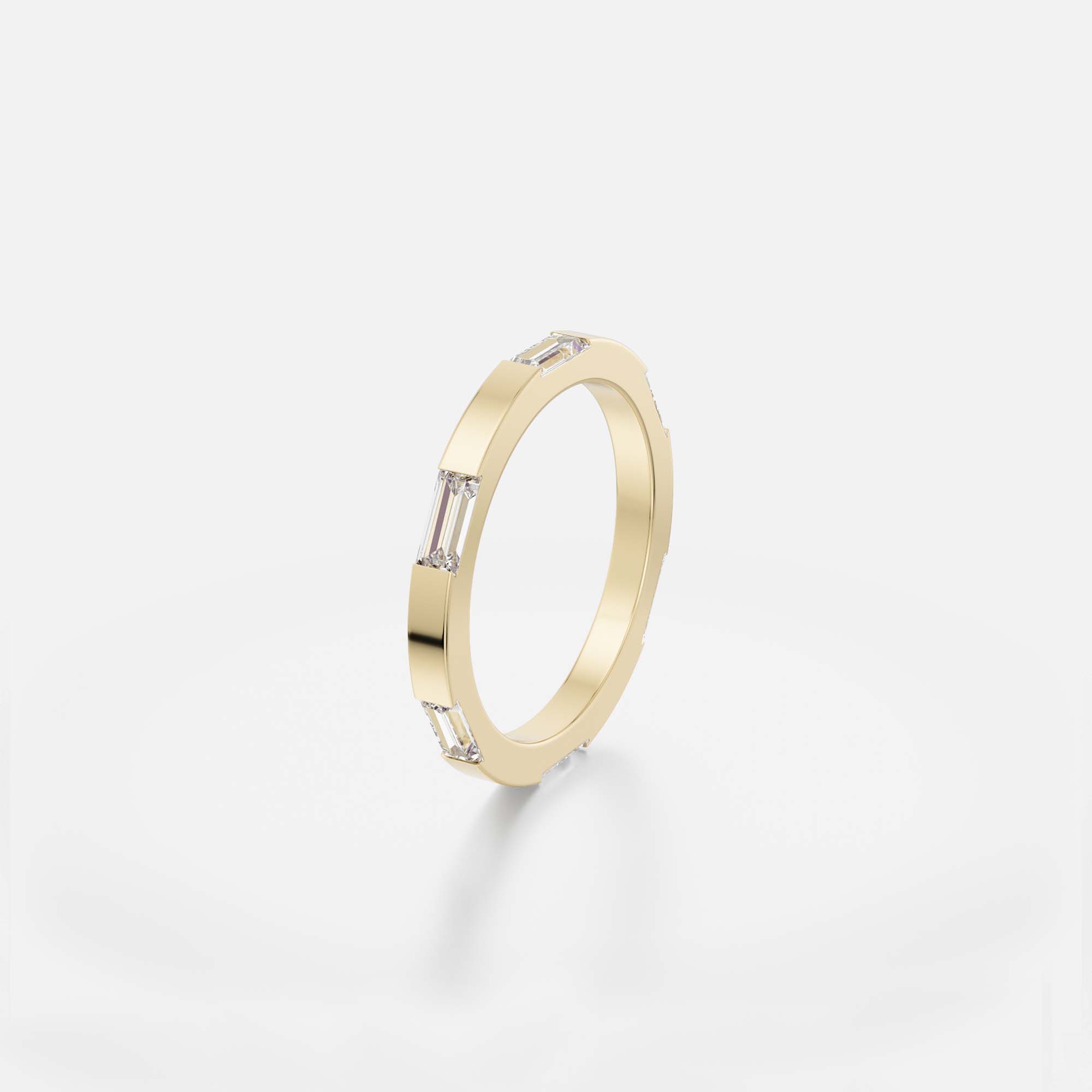 Contemporary Statement Ring with baguette cut ethical mined white diamonds around band in solid 14 karat gold by SHW fine jewelry shop NYC

