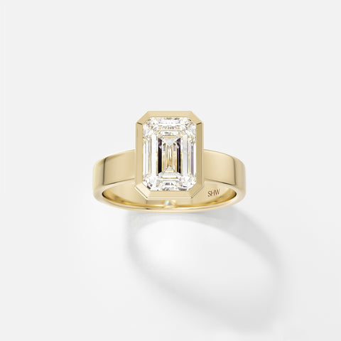 Sculptural Bezel Engagement Ring with Emerald Lab created Natural Diamond 14k 18k yellow white rose gold or platinum SHW Fine Jewelry NYC 