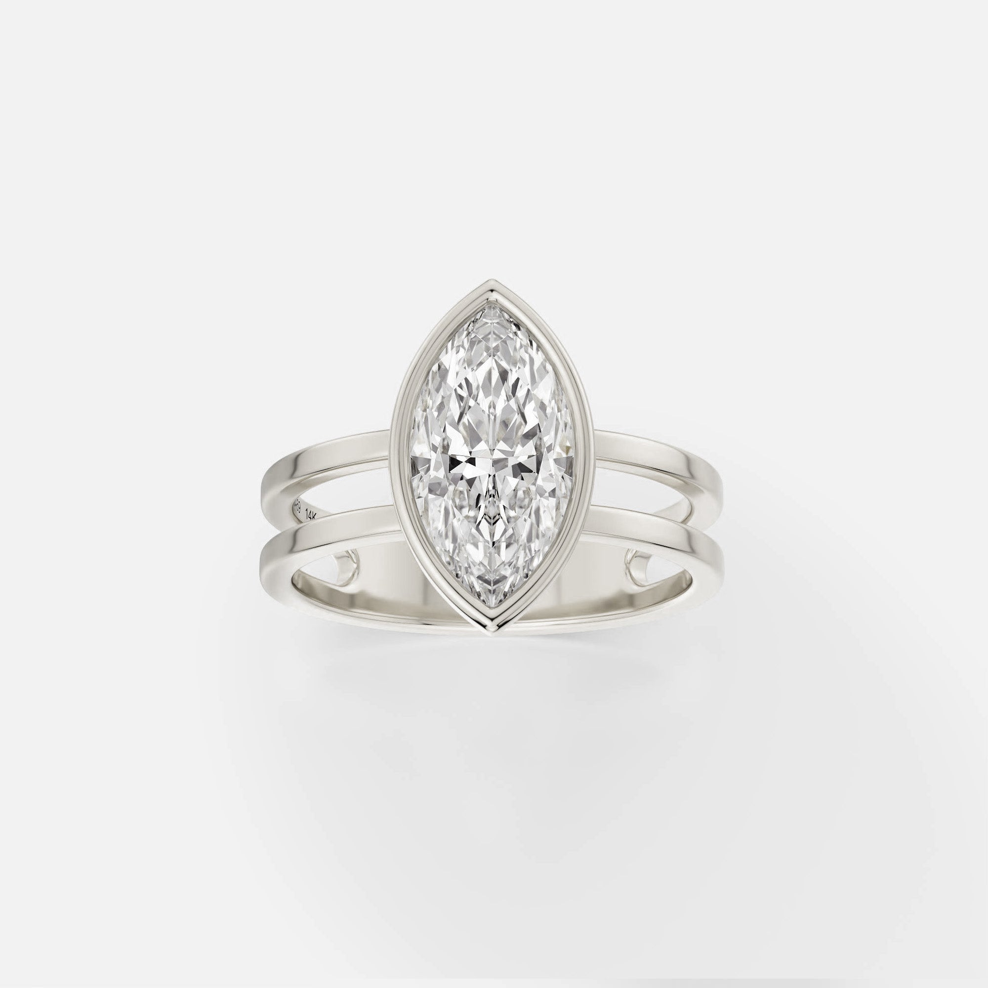 14k white gold double band engagement ring with 1.75 carat marquise diamond set north south in thin bezel
