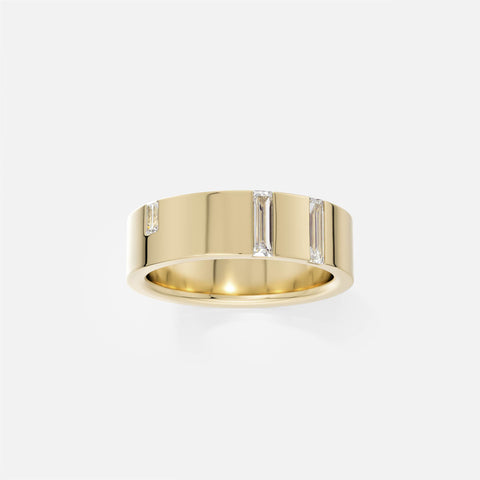 Modern Sculptural Wedding Band with embedded Baguette cut Diamonds set to edge in Solid 14 karat gold by SHW famous fine jewelry store NYC