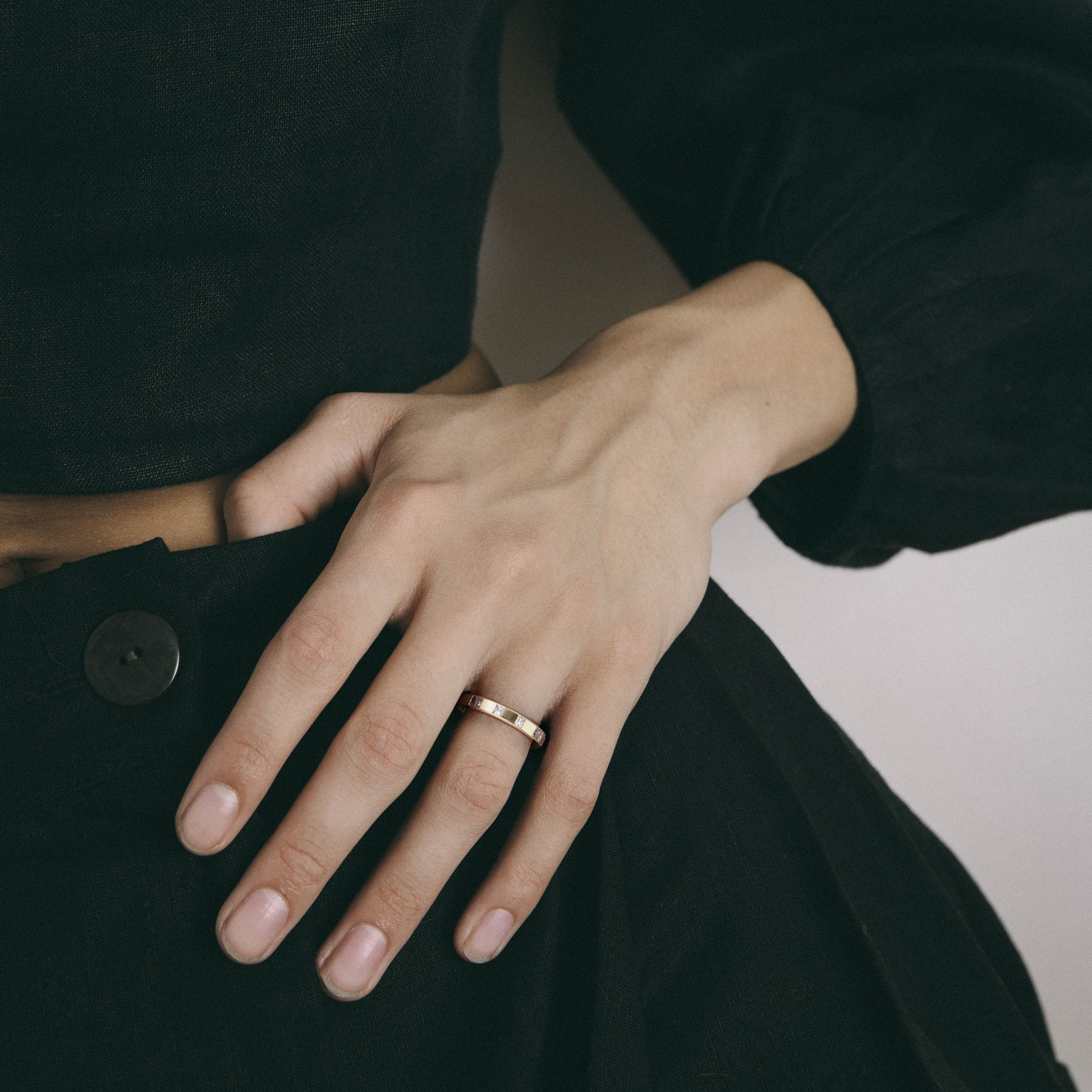 Modern Wedding Ring with Eternity of Princess and Baguette cut Diamonds set to edge in Solid 14 karat gold by SHW fine jewelry stores NYC