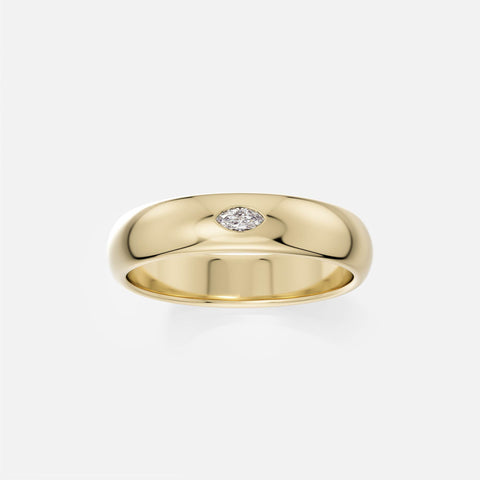14k yellow gold wedding band with 6mm domed profile and marquise-cut diamond