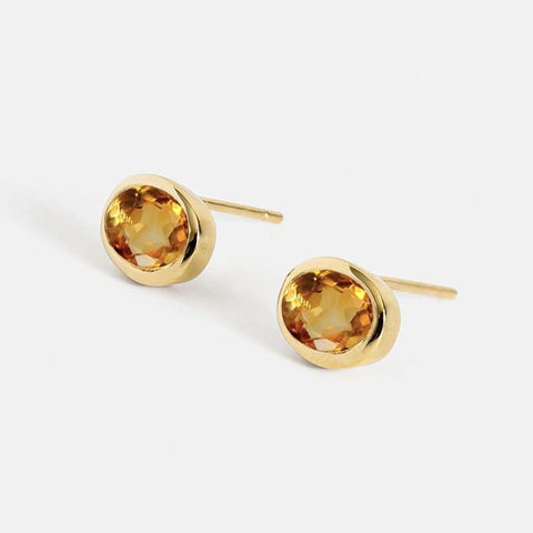 Gold stud earrings with oval citrine gemstone sleek minimal design SHW fine jewelry handmade NYC November birthstones