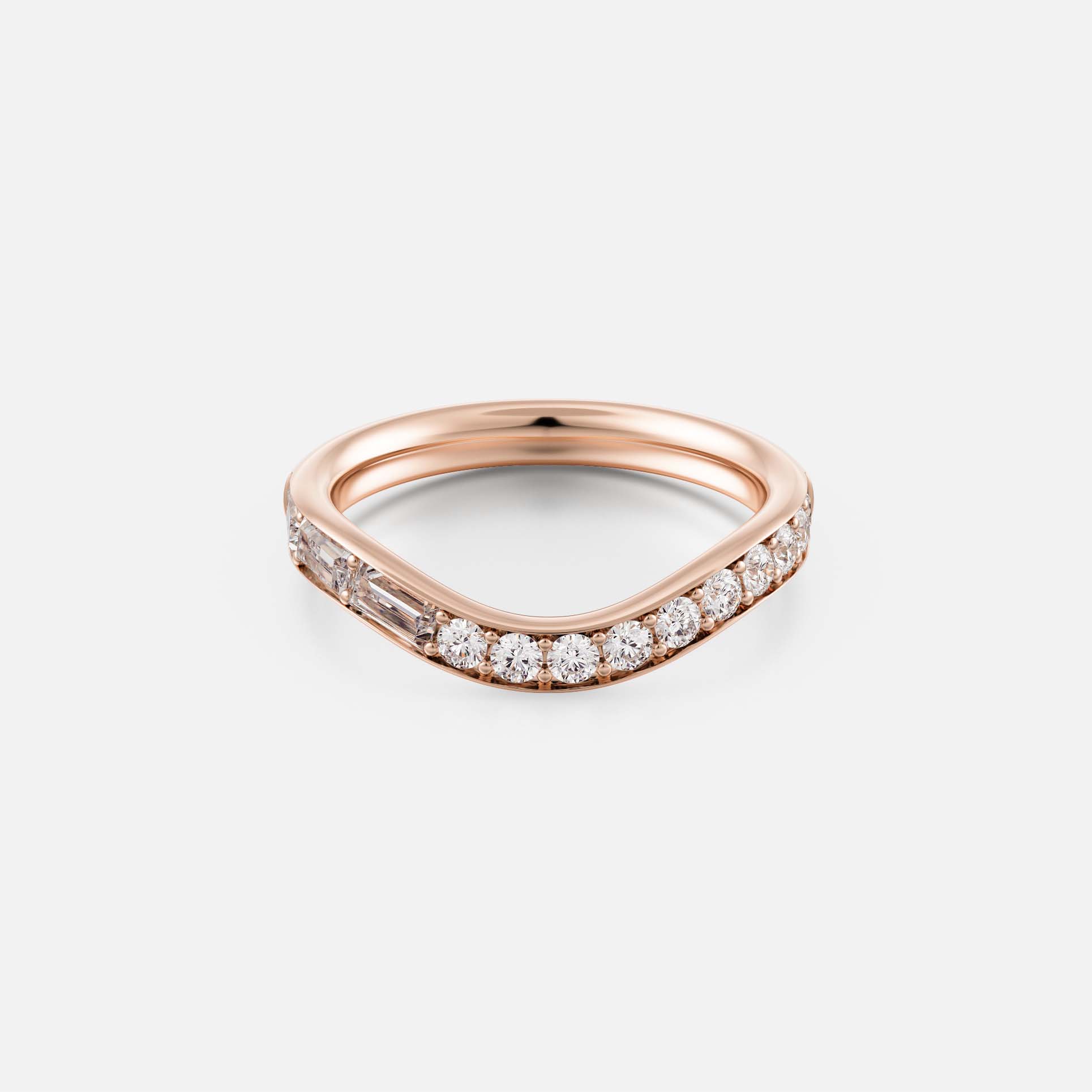 Elegant wedding ring with wave profile and round baguette diamonds, 14k 18k yellow white rose gold SHW Jewelry Stores nearby NYC NJ