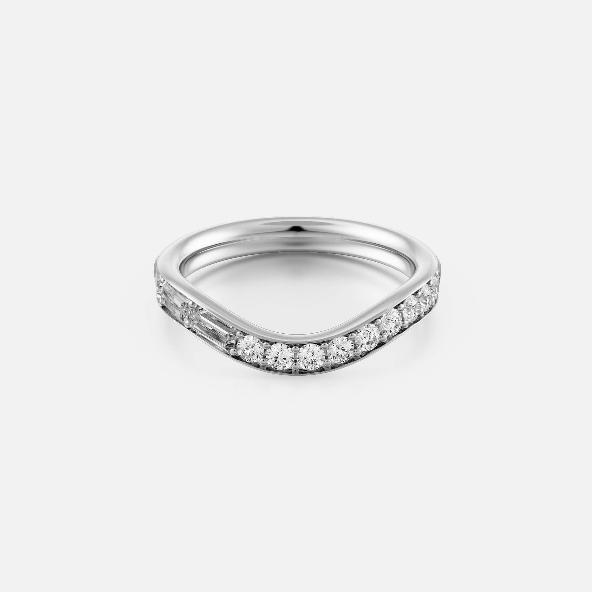 Elegant wedding ring with wave profile and round baguette diamonds, 14k 18k yellow white rose gold SHW Jewelry Stores nearby NYC NJ