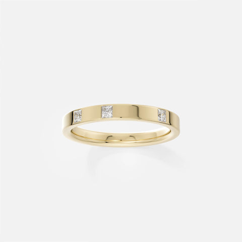3mm flat gold wedding band with three princess-cut white diamonds