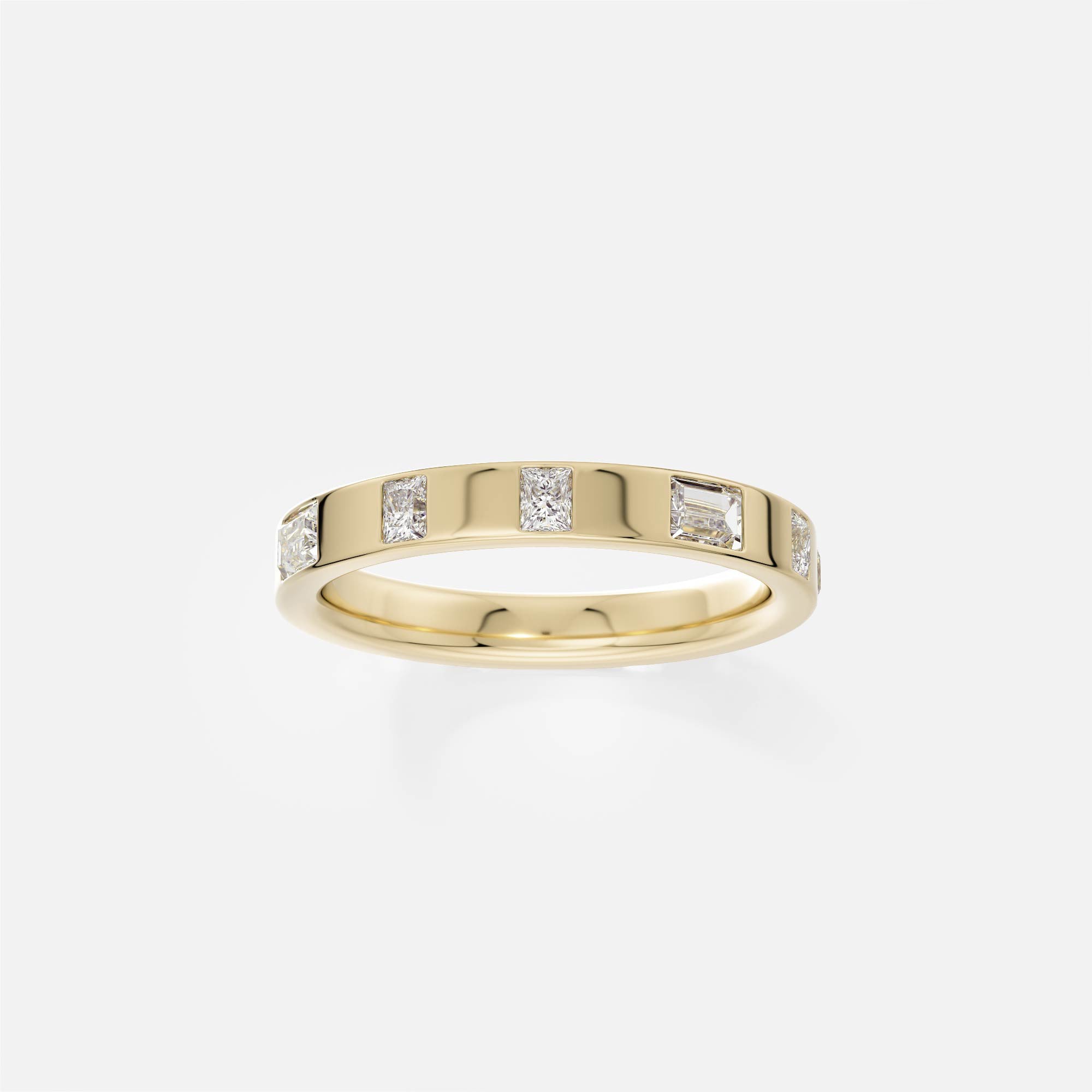 14k yellow gold 3mm eternity wedding band with baguette and princess-cut diamonds