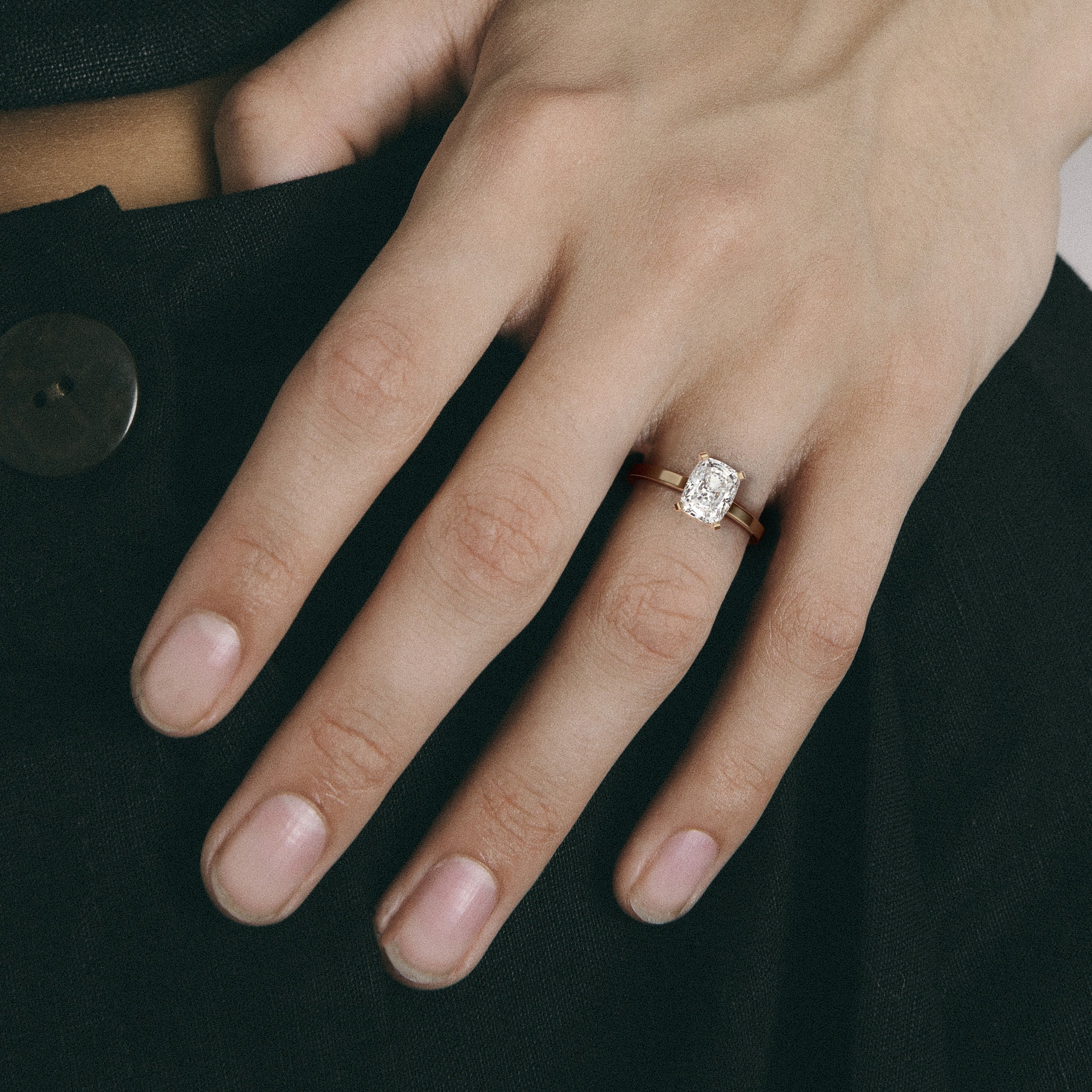 Sleek North South cushion cut diamond engagement ring, modern flat band design 14k 18k gold SHW coolest fine jewelry NYC