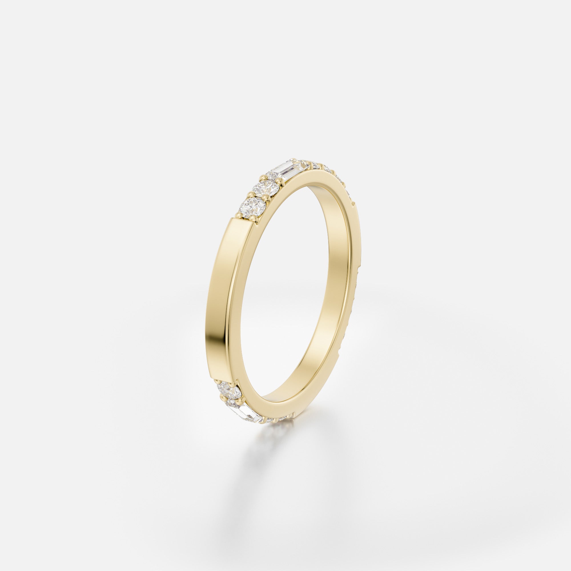 Minimalist Unisex Wedding Band with Asymmetrical rows of baguette and round diamonds in solid 14k, 18k gold, platinum by SHW fine jewelry NYC