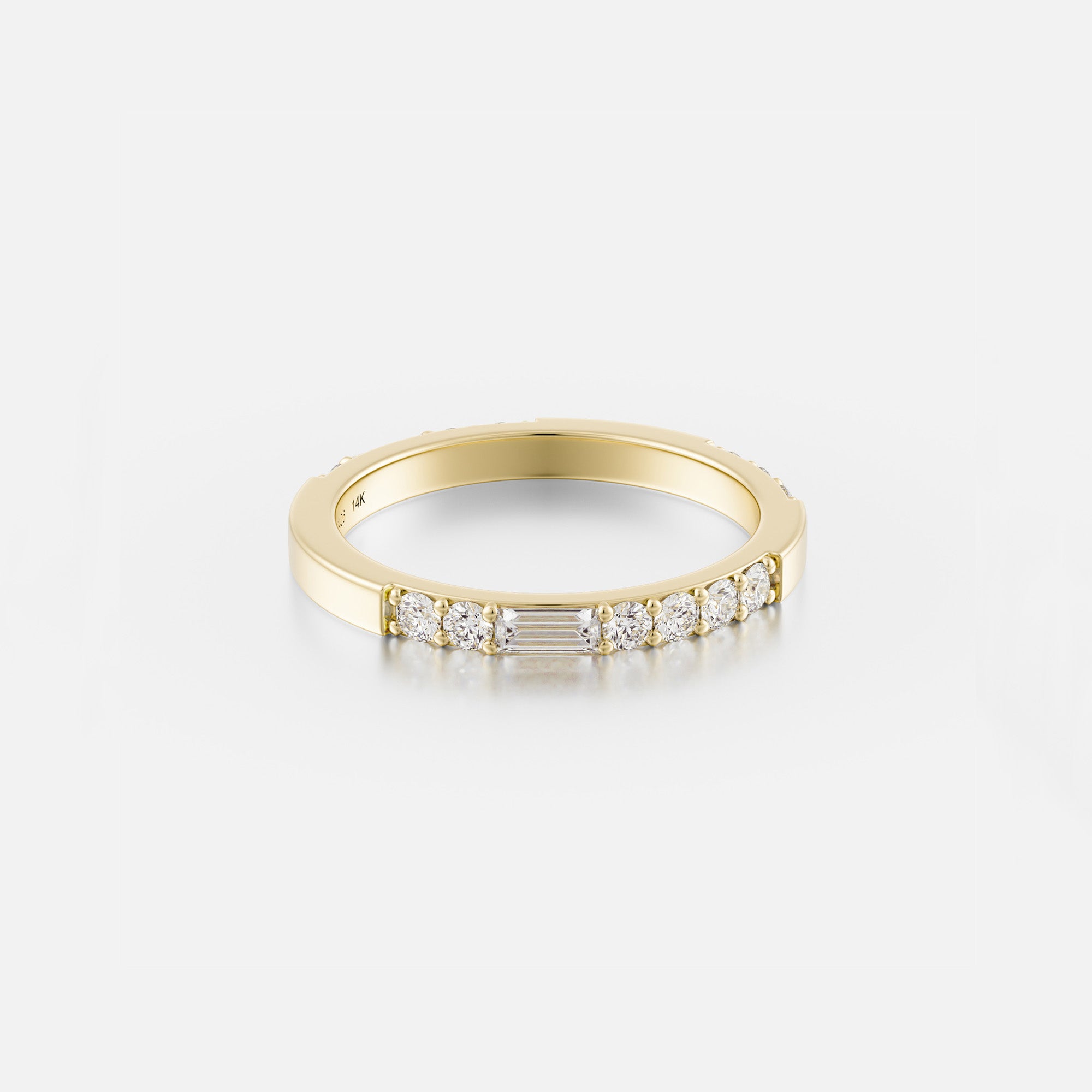 14k yellow gold 2mm eternity band with round and baguette-cut white diamonds
