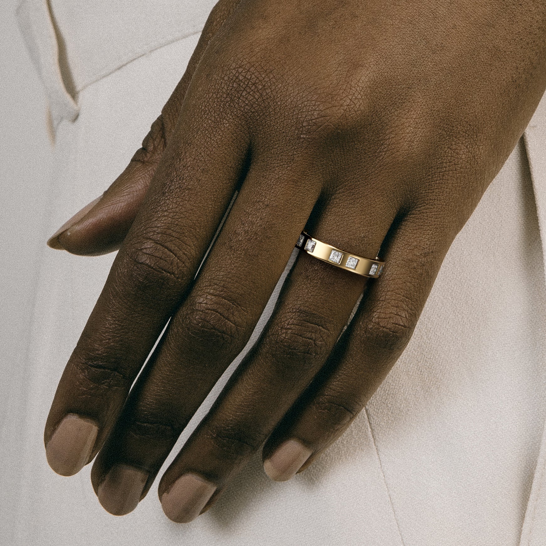 Unique thicker womens wedding band with princess-cut white diamond eternity in solid 14k yellow, white, rose gold by SHW fine jewelry in NYC
