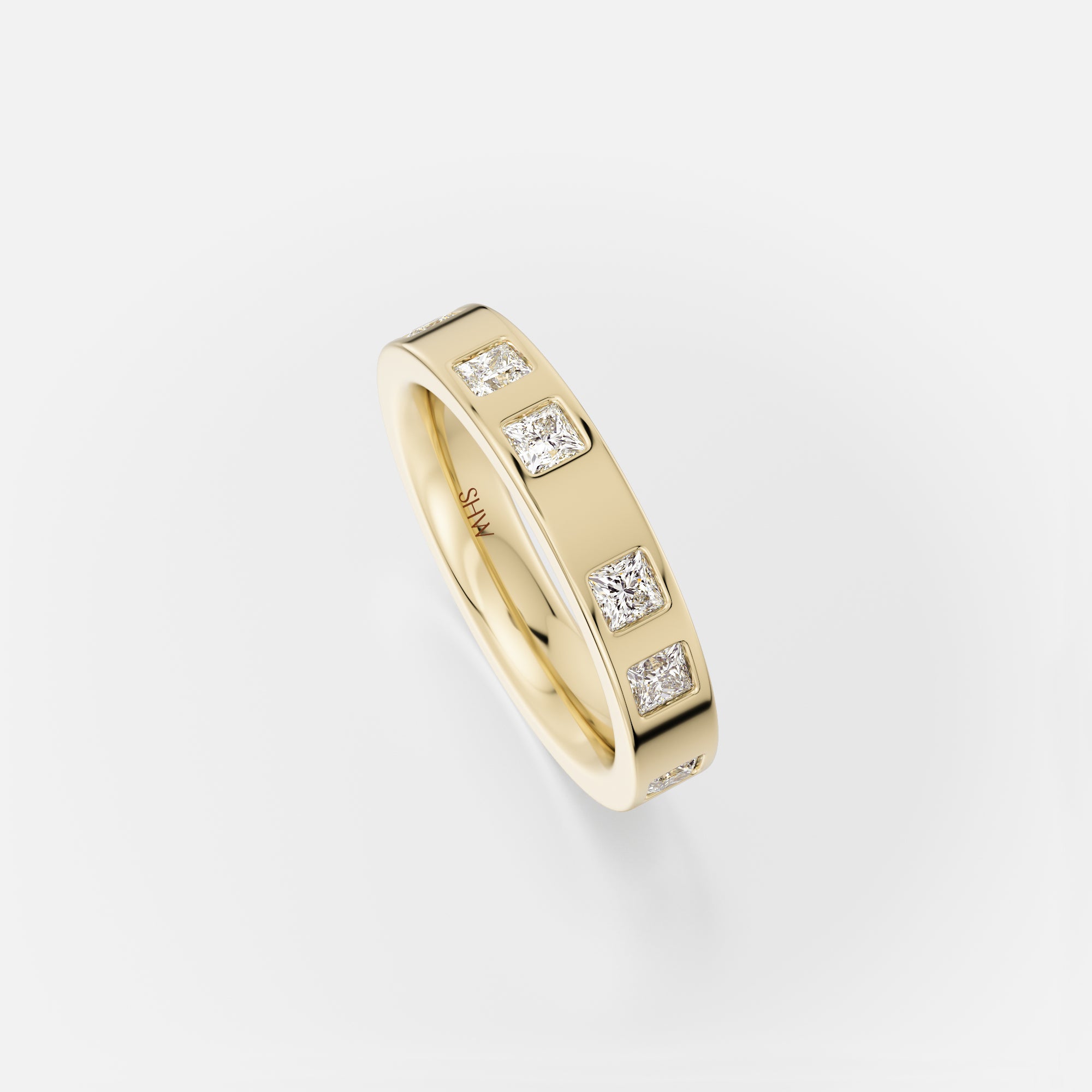 Modern chunky ring with eternity of princess cut natural white diamonds in solid 14k, 18k gold, platinum by SHW fine jewelry
