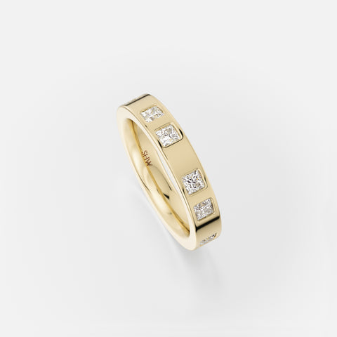 14k yellow gold 3mm eternity wedding band with paired princess-cut diamonds