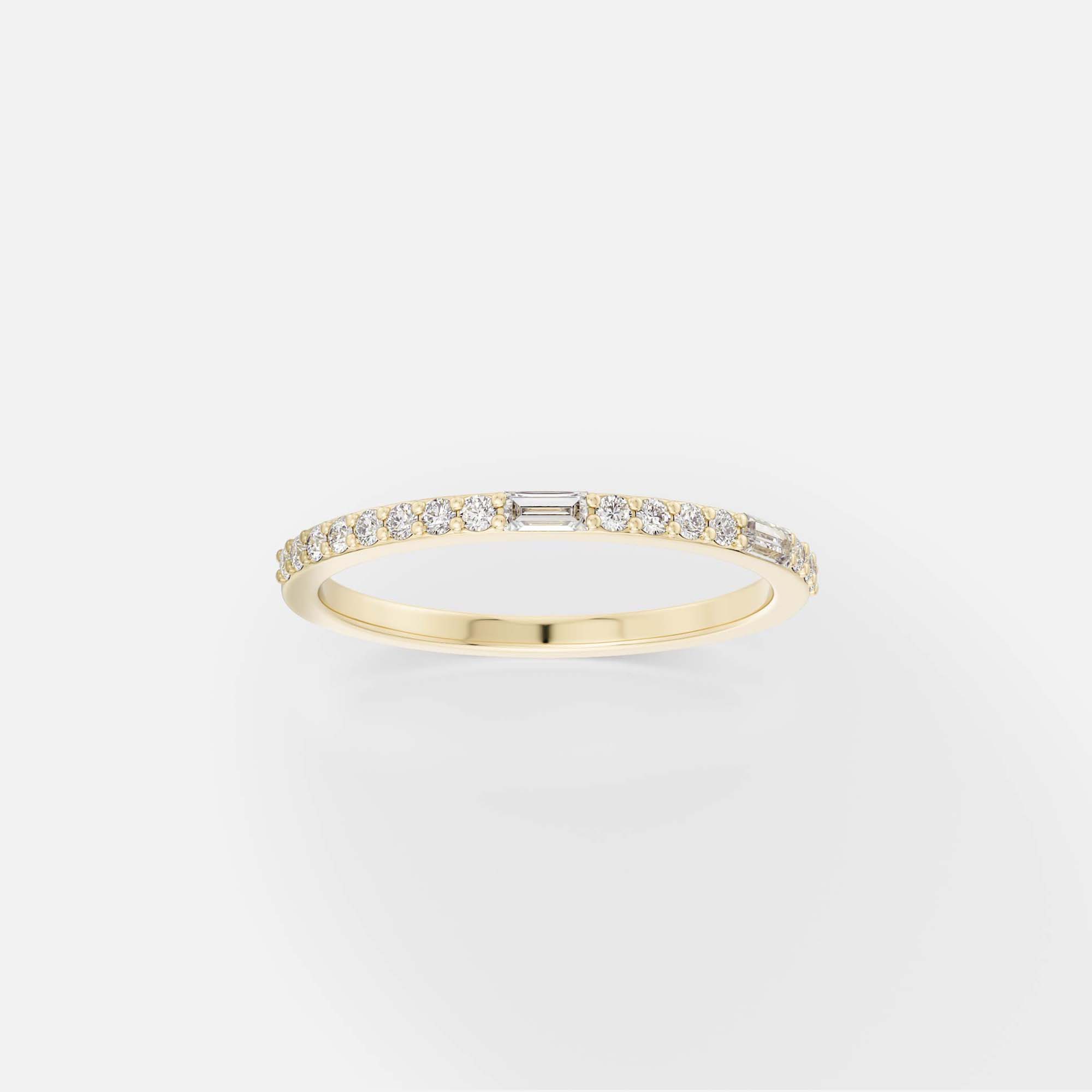 14k yellow gold wedding band with round and baguette-cut white diamonds