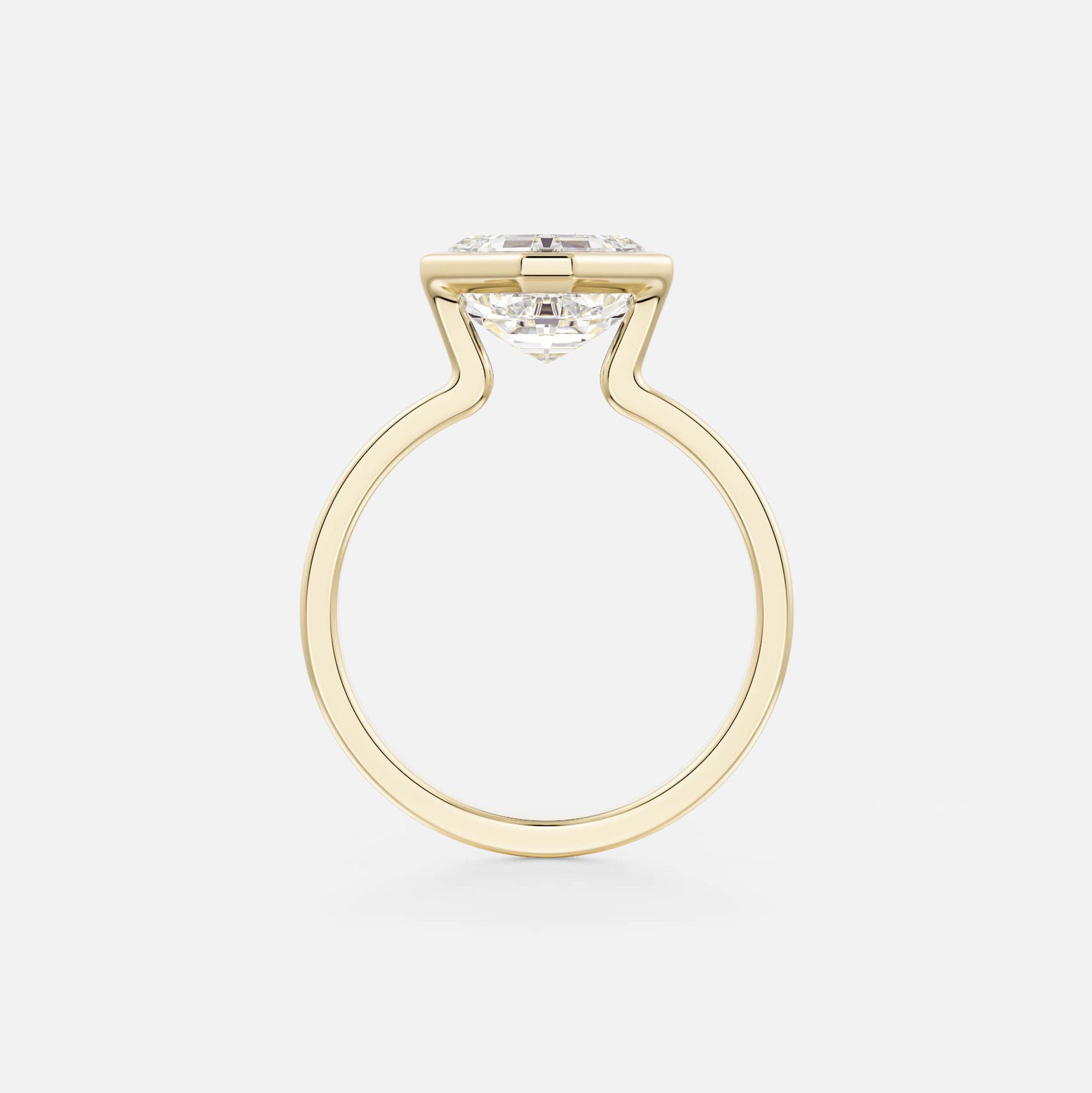 side profile of asscher-cut diamond engagement ring with thin bezel setting and flat profile band open from the sides