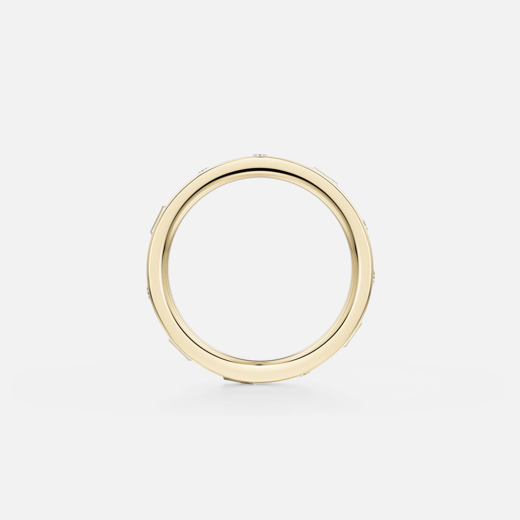 Mimimal Thin Womens Engagement Band with Princess and Baguette Cut Diamonds all around in solid 14k yellow gold SHW fine jewelry store NYC