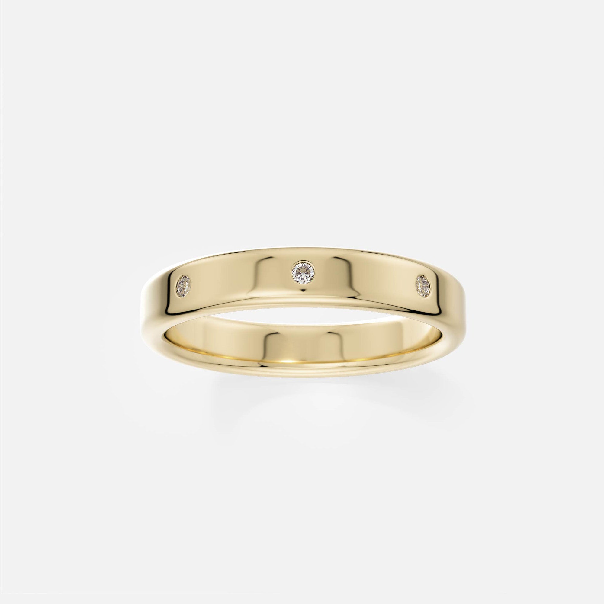 14k yellow gold diamond wedding band with clean, modern spacing