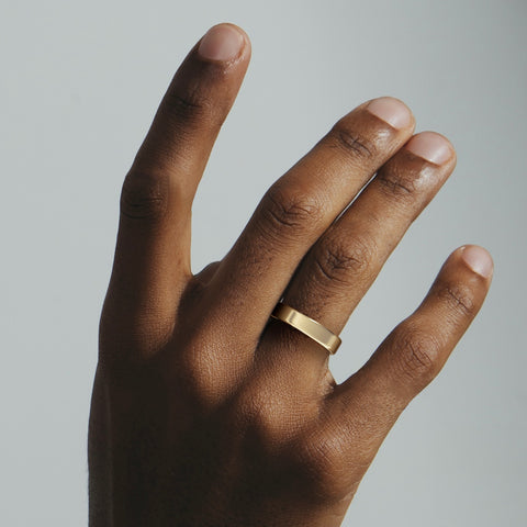 5mm flat profile band shown worn in natural light