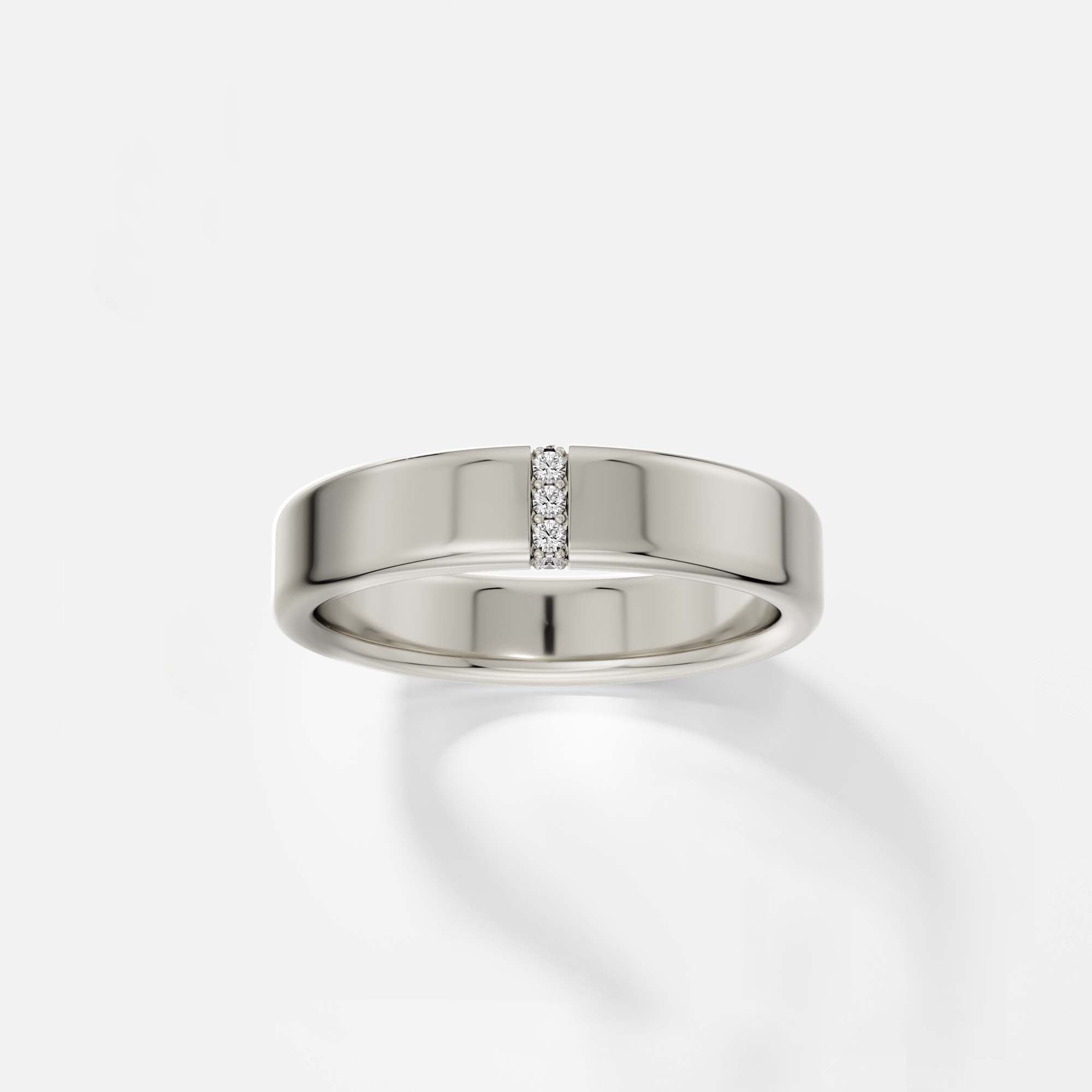 Minimal 5mm wide unisex wedding ring with soft edge and flat profile with diamonds that wrap around in 14k gold, platinum SHW fine jewelry