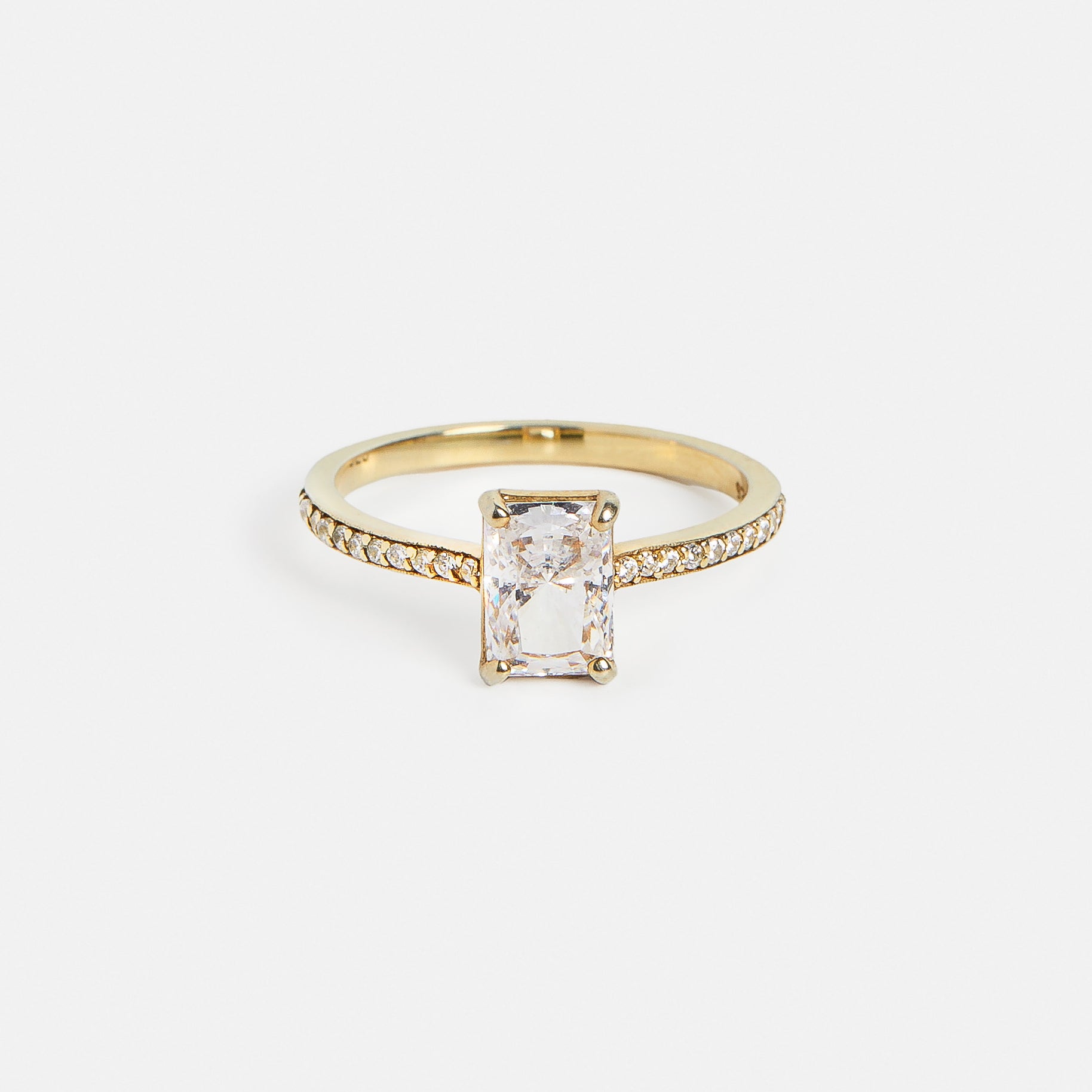 North South radiant cut engagement ring with pavé half eternity diamond band 14k 18k gold platinum SHW Fine Jewelry NYC