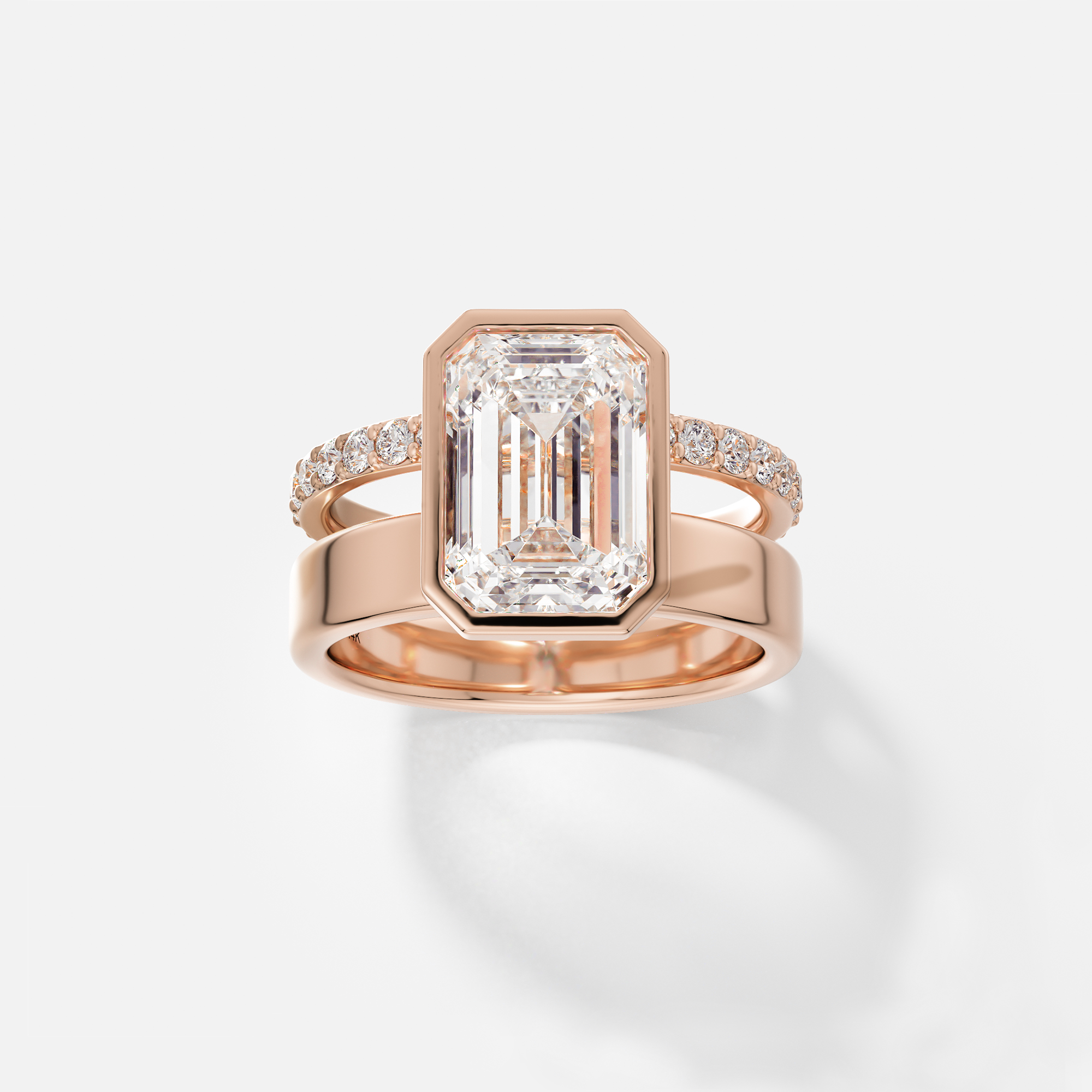 Custom Double Band Statement Engagement Ring with North South Emerald 1.0ct 2.0ct 3.0ct Lab Created Natural Diamond 14 Karat 18 Karat Gold SHW Best Jewelry Stores NYC