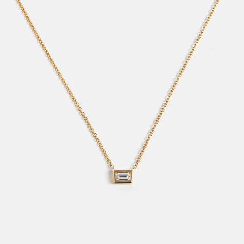 Unique necklace with dainty chain and pendant with baguette cut lab grown white diamond in solid 14k gold by SHW cool fine jewelry NYC