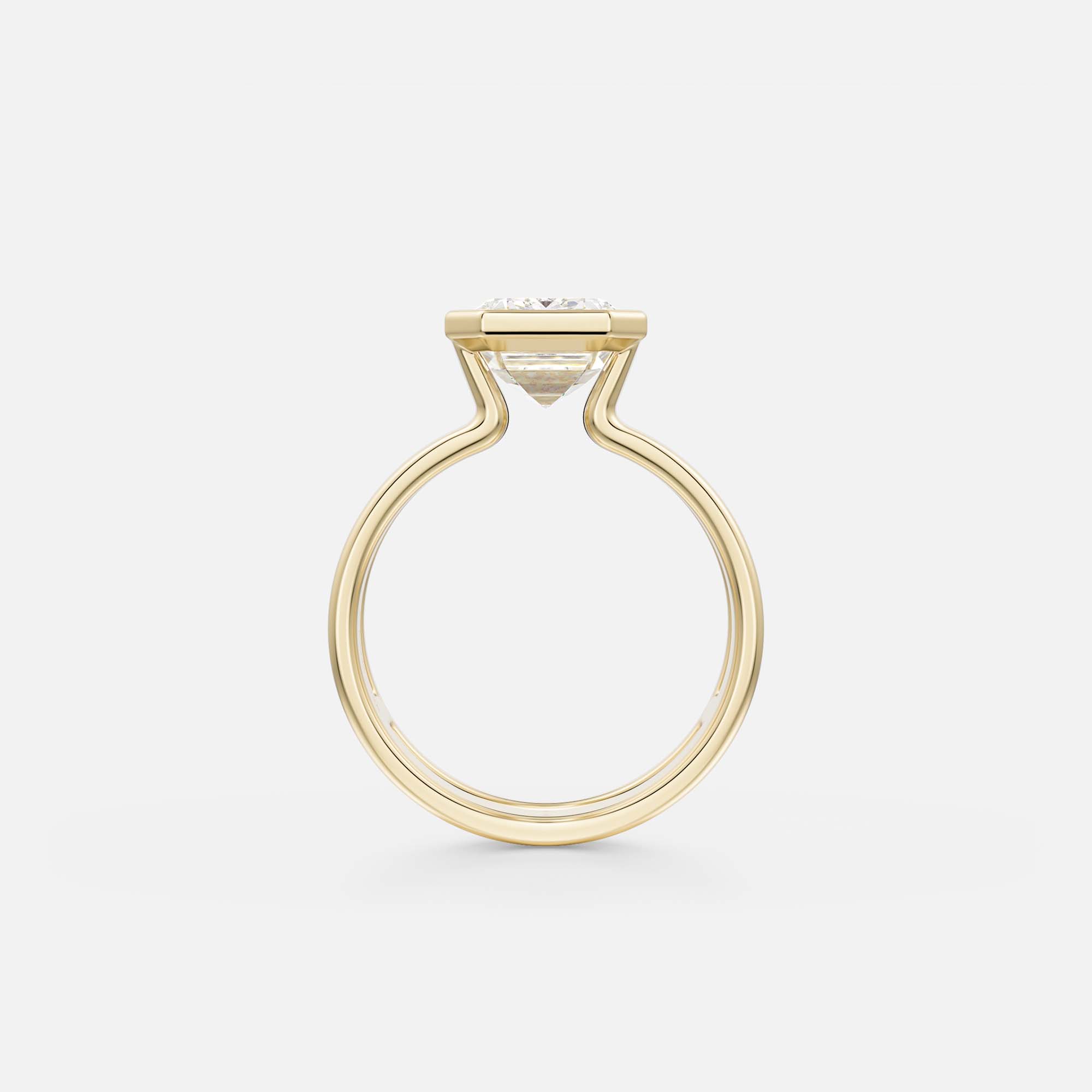 side view of 4 carat emerald-cut diamond bezel engagement ring with sculptural connected double bands