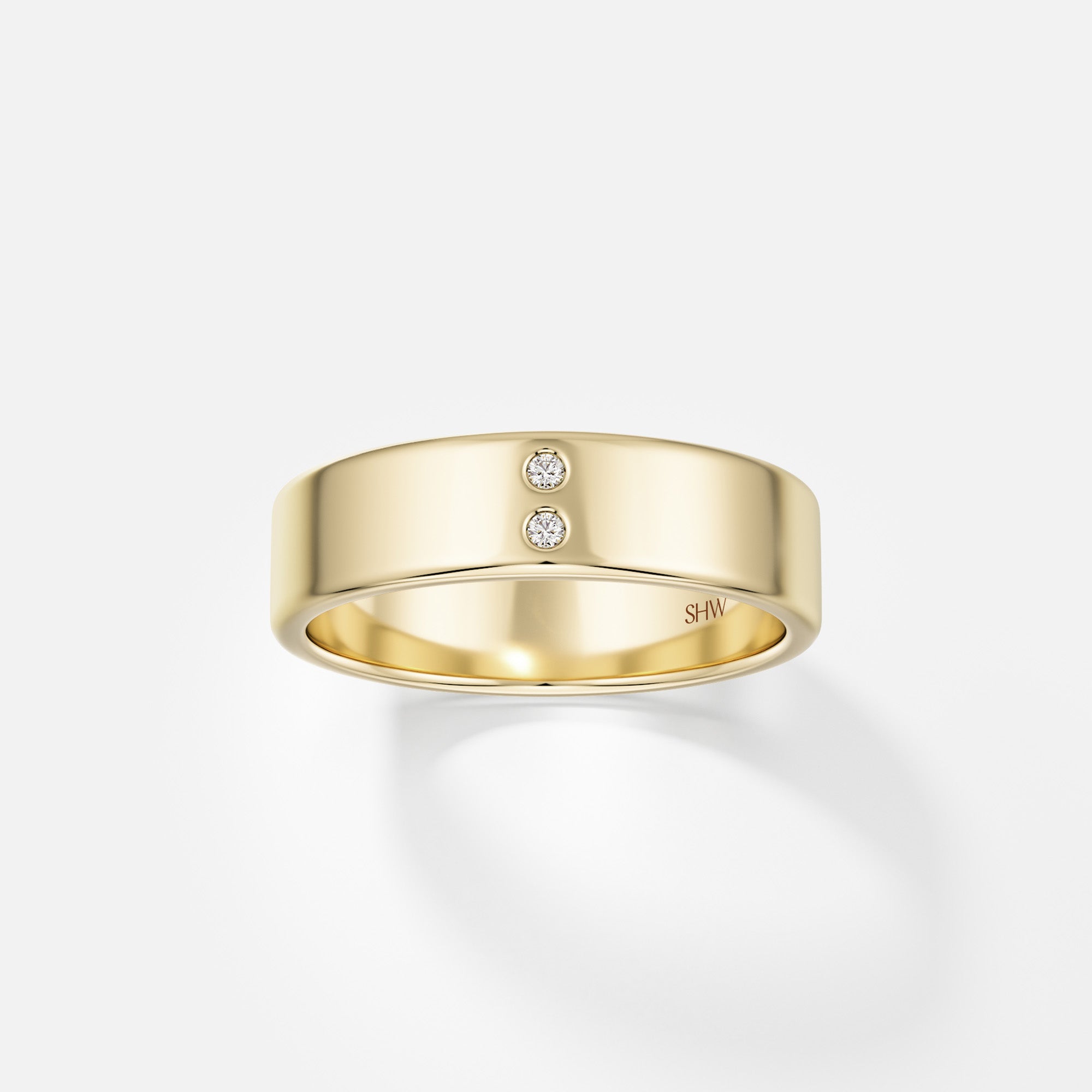 14k yellow gold 5mm flat wedding band with two vertically stacked round brilliant diamonds