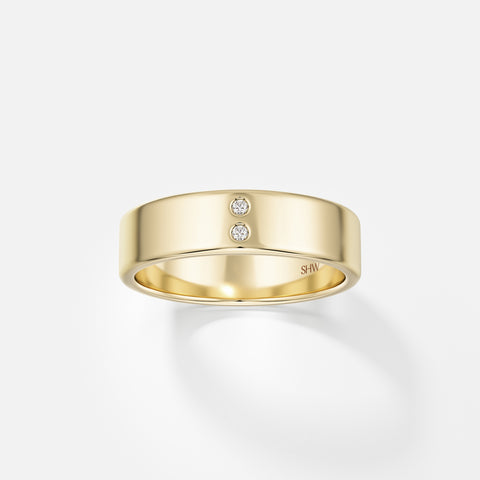 14k yellow gold 5mm flat wedding band with two vertically stacked round brilliant diamonds