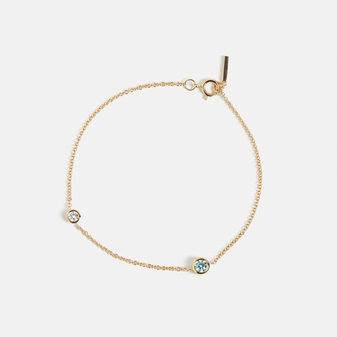 Dainty bracelet with aquamarine and diamond on thin gold chain March birthstone stackable design SHW fine jewelry NYC